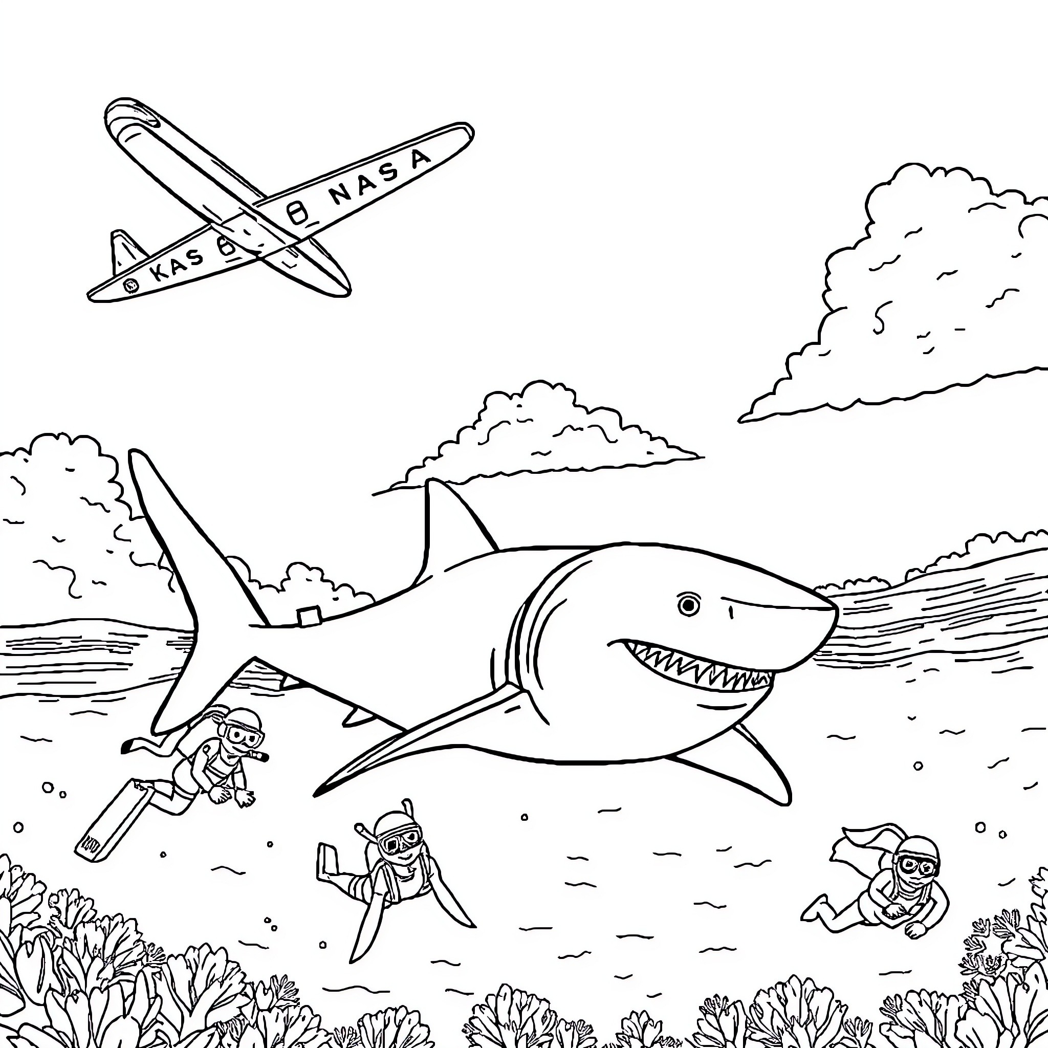 Plane flying over scuba divers exploring the ocean Coloring Page (free black-and-white line drawing printable PDF for all, from beginners to advanced learners, including children, teens, adults, and seniors)