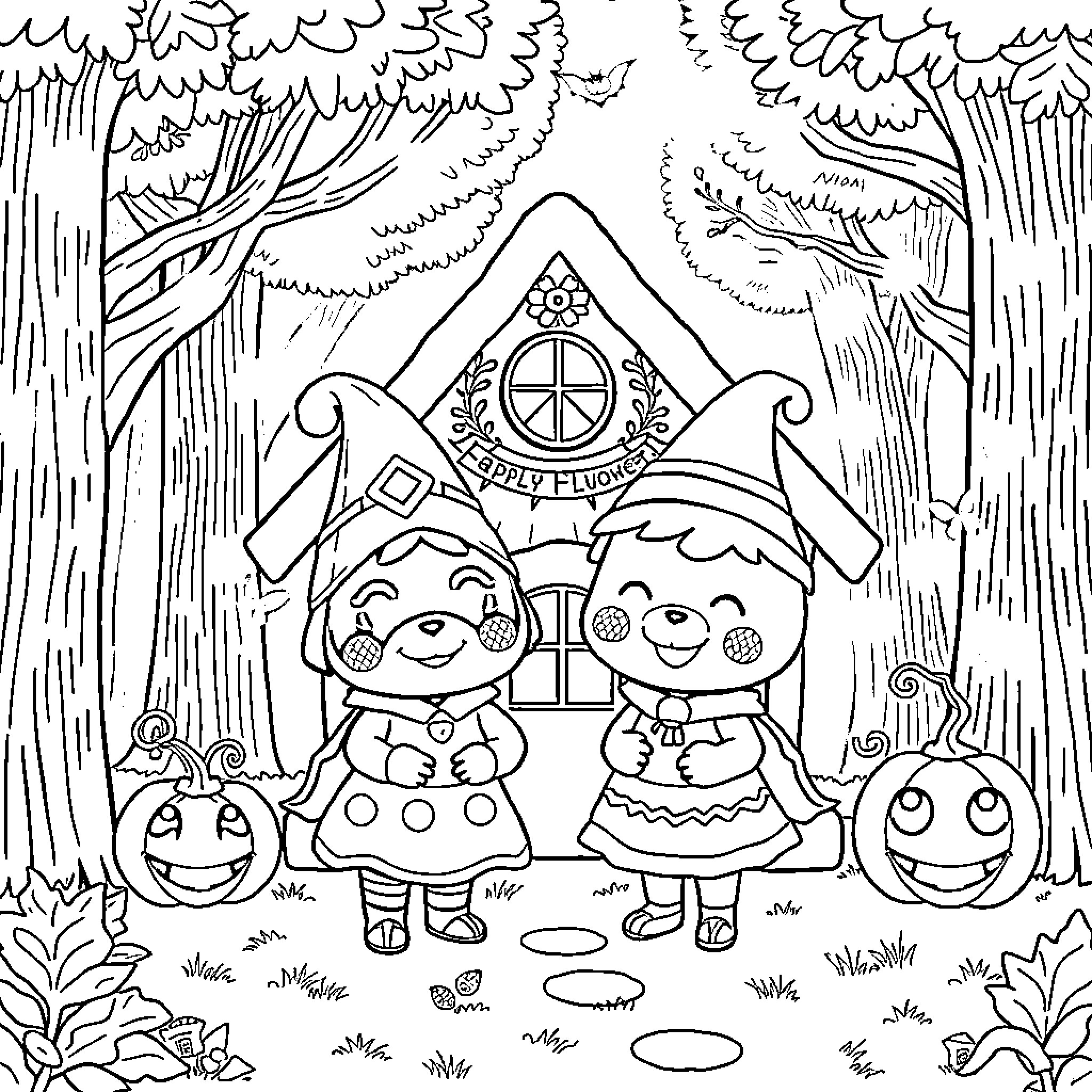 Villagers celebrating a festival in the forest Coloring Page (free black-and-white line drawing printable PDF for all, from beginners to advanced learners, including children, teens, adults, and seniors)