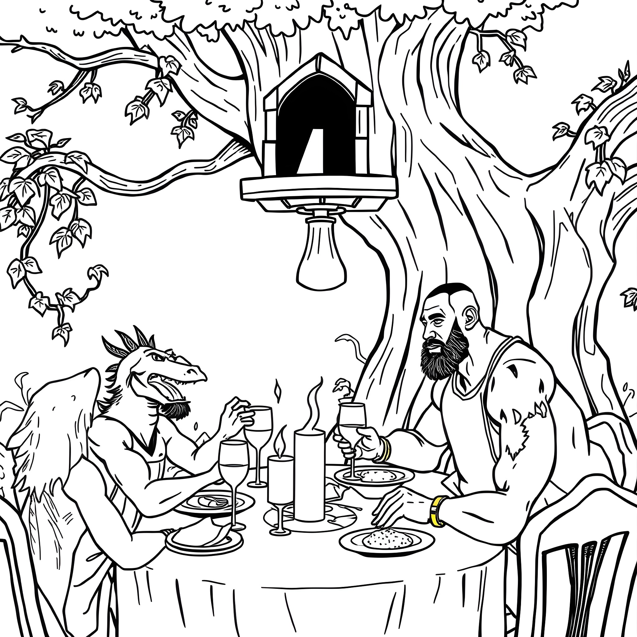Dragon enjoying a feast with a bearded man in the forest Coloring Page (free black-and-white line drawing printable PDF for all, from beginners to advanced learners, including children, teens, adults, and seniors)