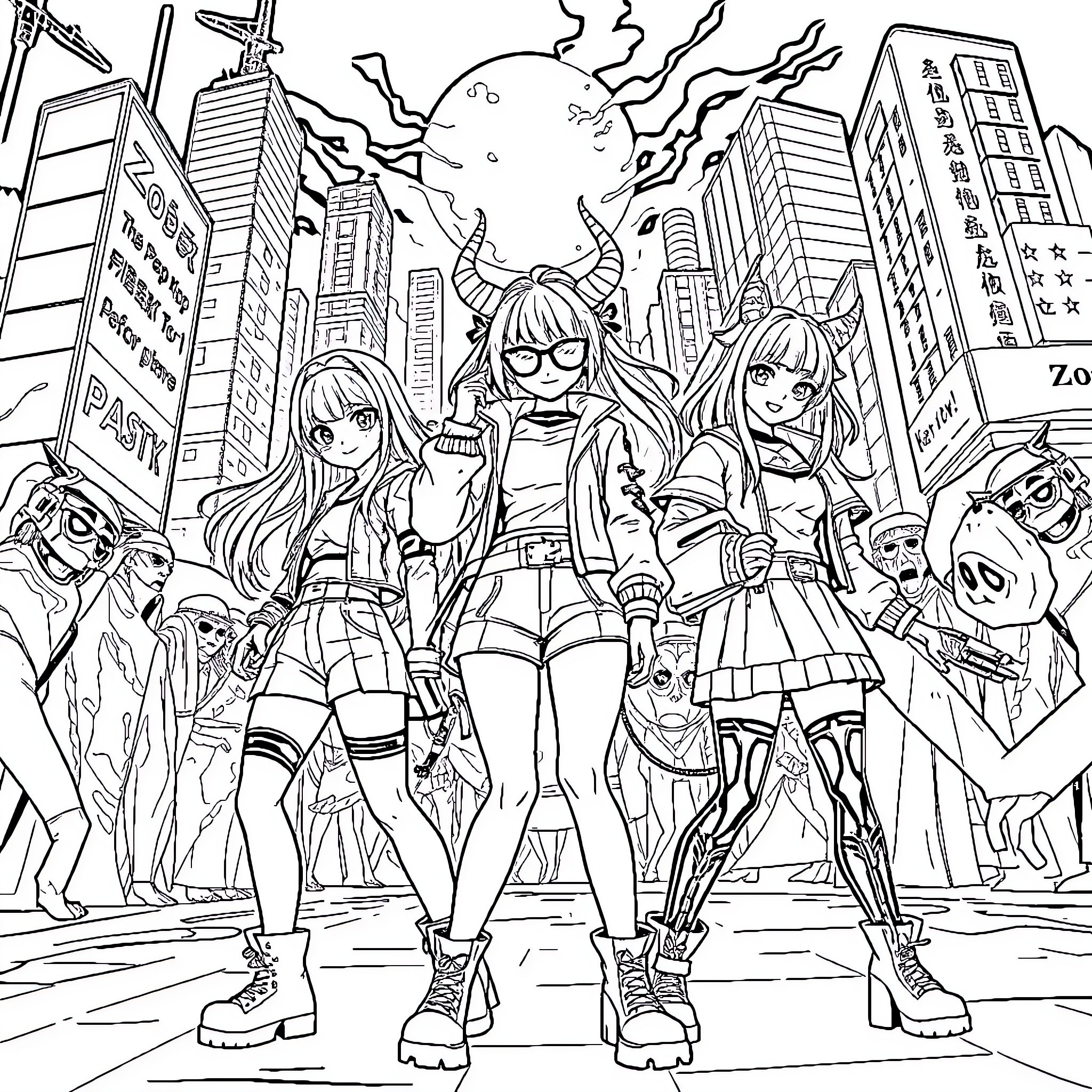 Zoey and Her Anime-Inspired Friends Explore the City Coloring Page (free black-and-white line drawing printable PDF for all, from beginners to advanced learners, including children, teens, adults, and seniors)