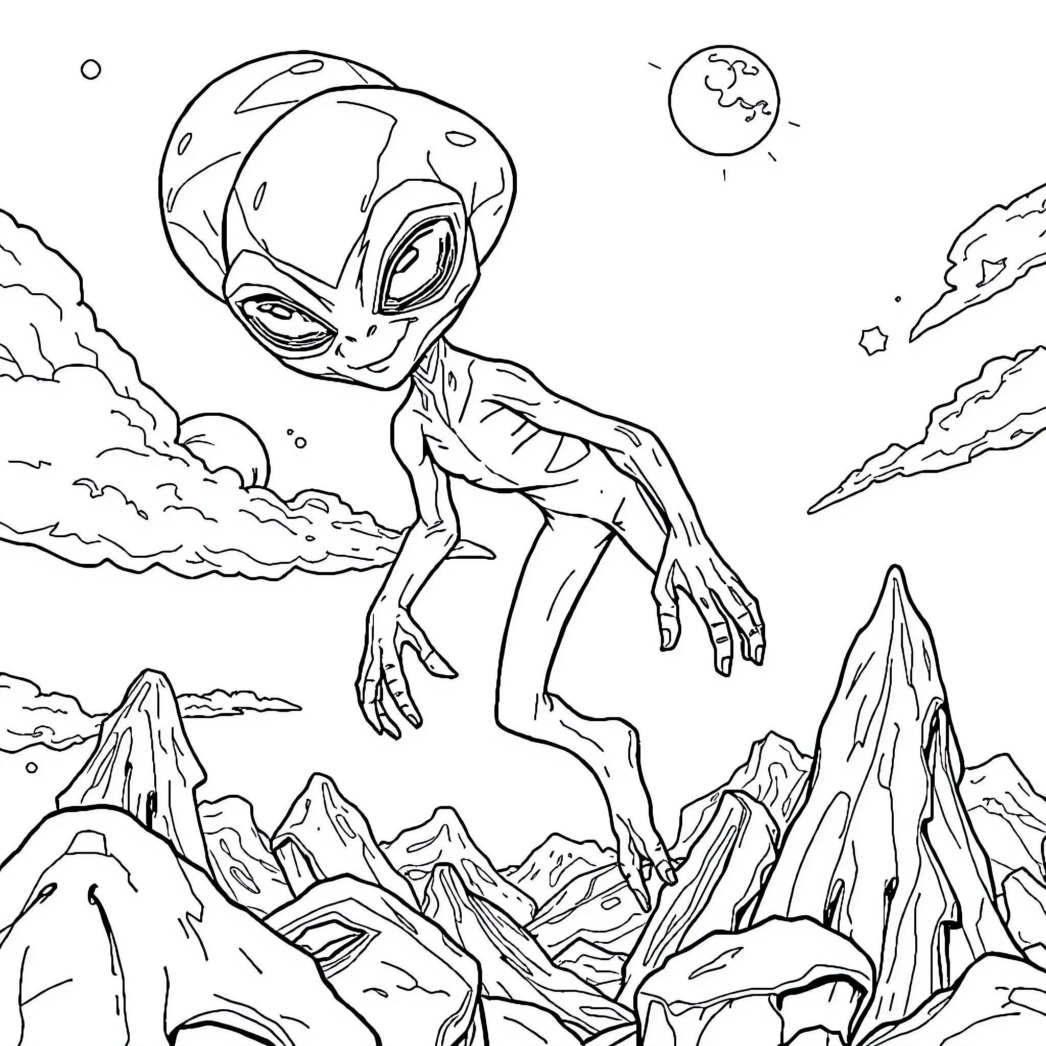 Alien creature exploring extraterrestrial landscape Coloring Page (free black-and-white line drawing printable PDF for all, from beginners to advanced learners, including children, teens, adults, and seniors)
