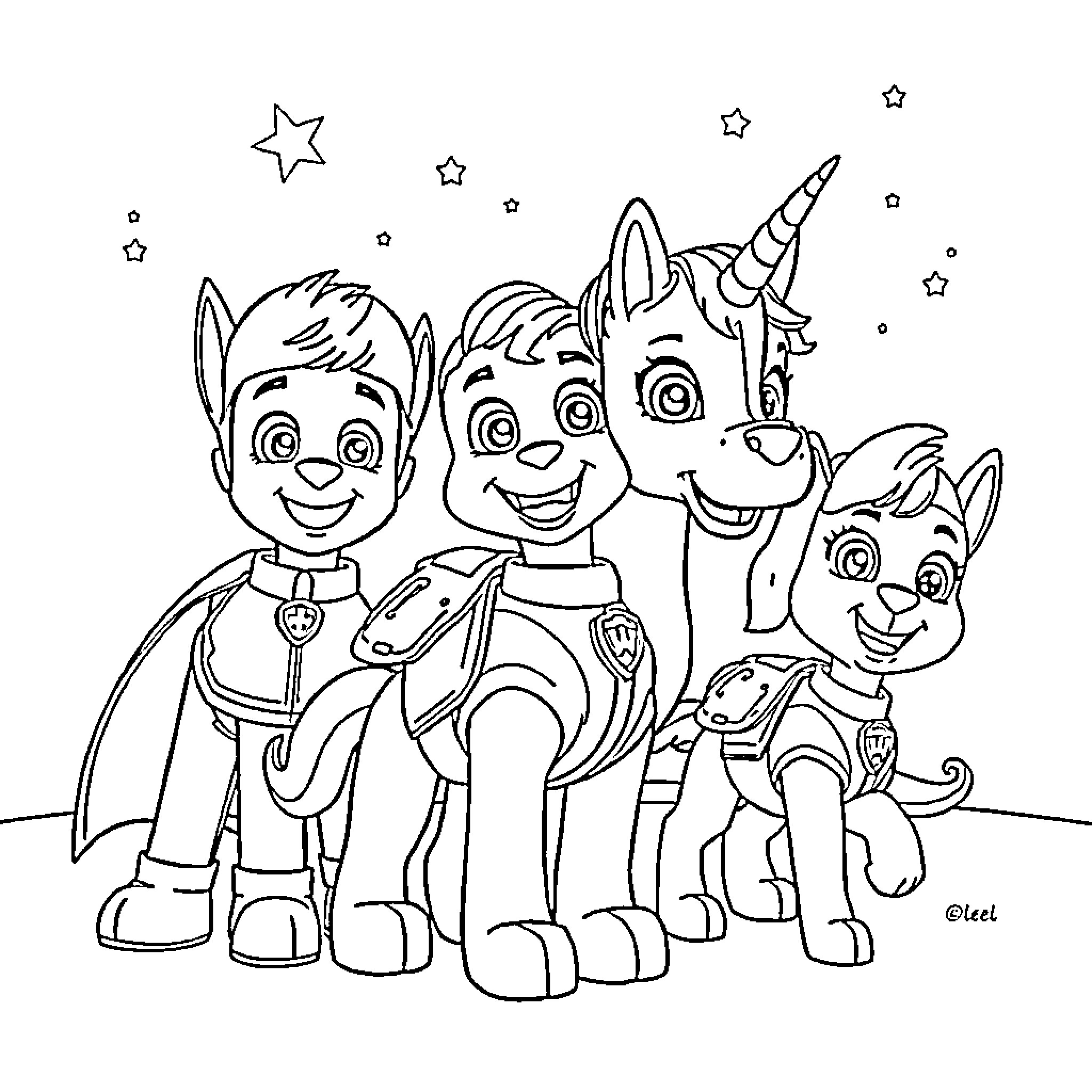 Paw Patrol Unicorn Characters Posing Together Coloring Page (free black-and-white line drawing printable PDF for all, from beginners to advanced learners, including children, teens, adults, and seniors)