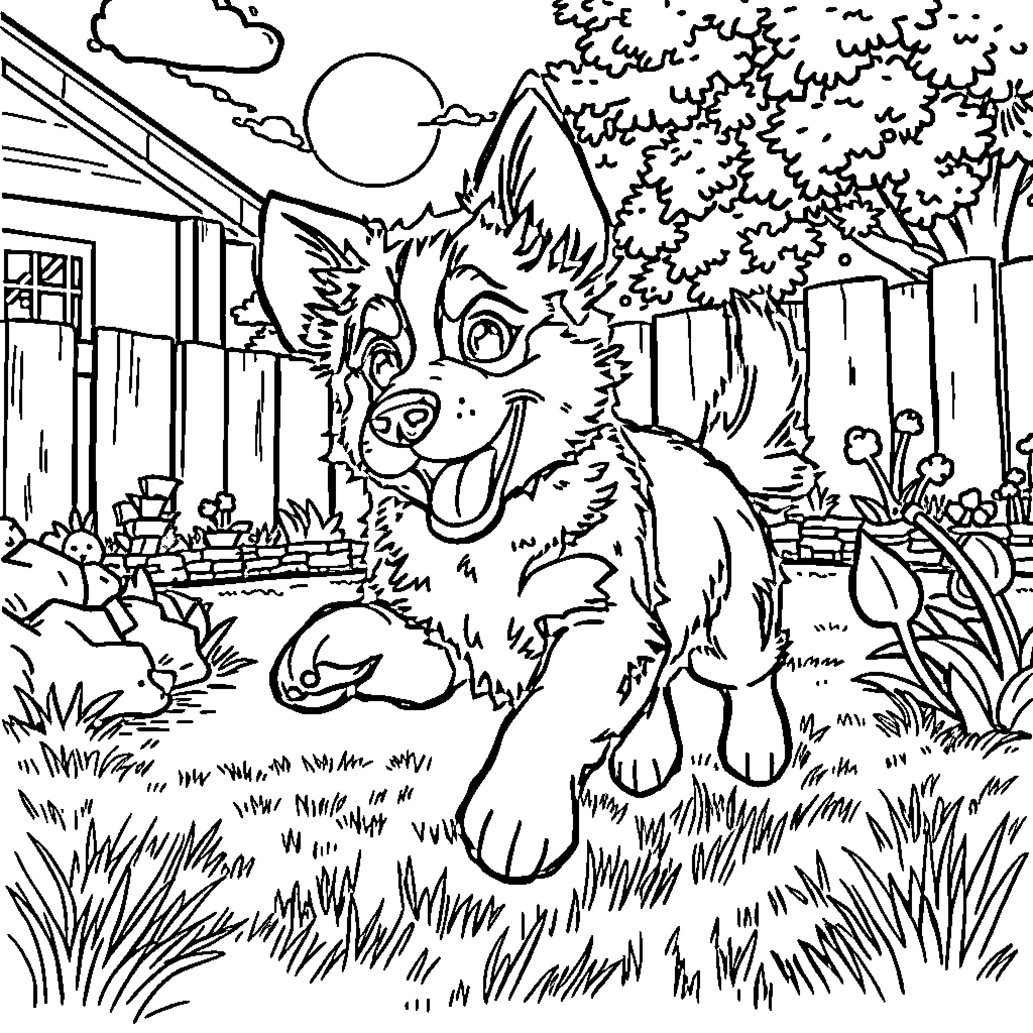 Bluey playing happily in the backyard with friends Coloring Page (free black-and-white line drawing printable PDF for all, from beginners to advanced learners, including children, teens, adults, and seniors)