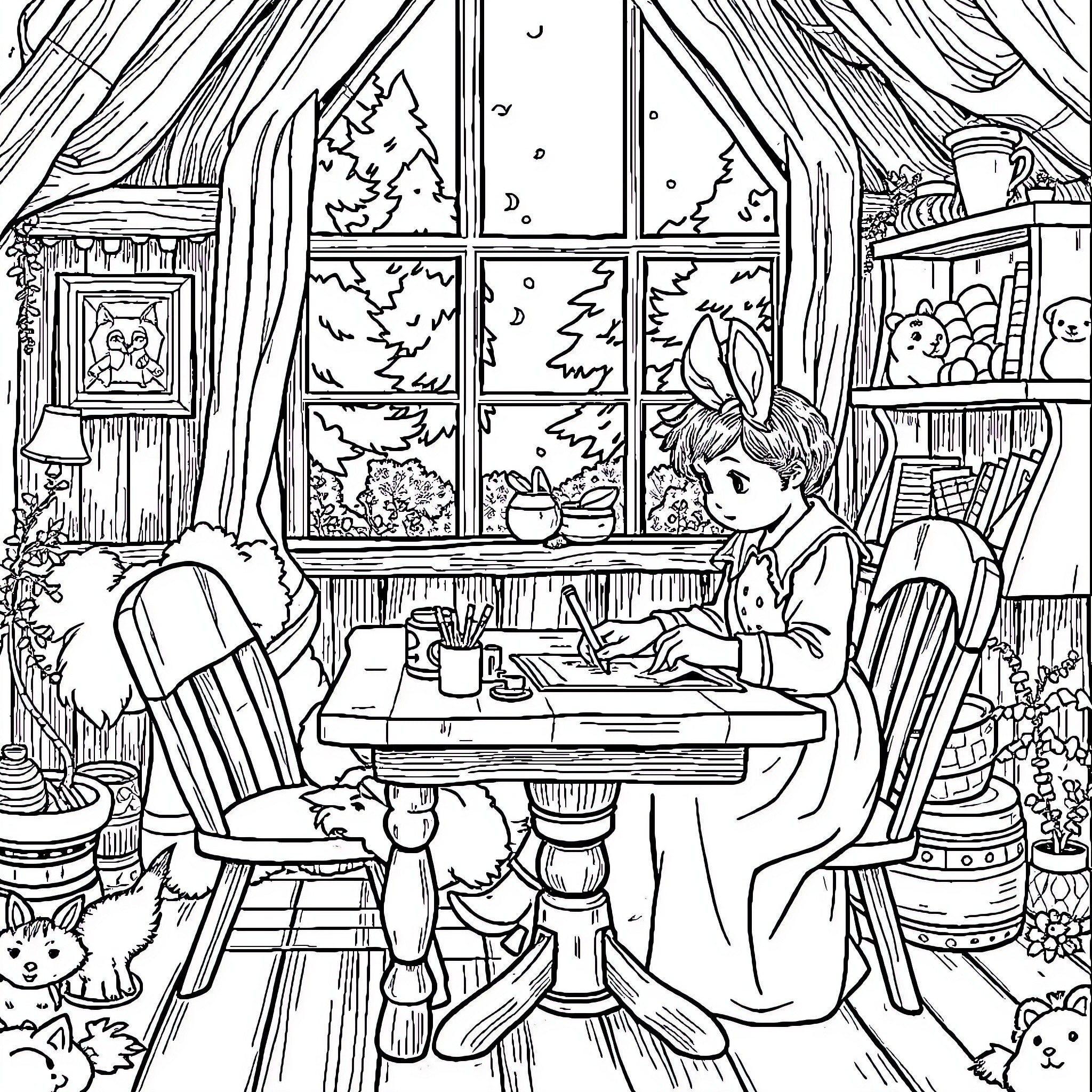Beatrix Potter's Cozy Winter Cabin Retreat Coloring Page (free black-and-white line drawing printable PDF for all, from beginners to advanced learners, including children, teens, adults, and seniors)