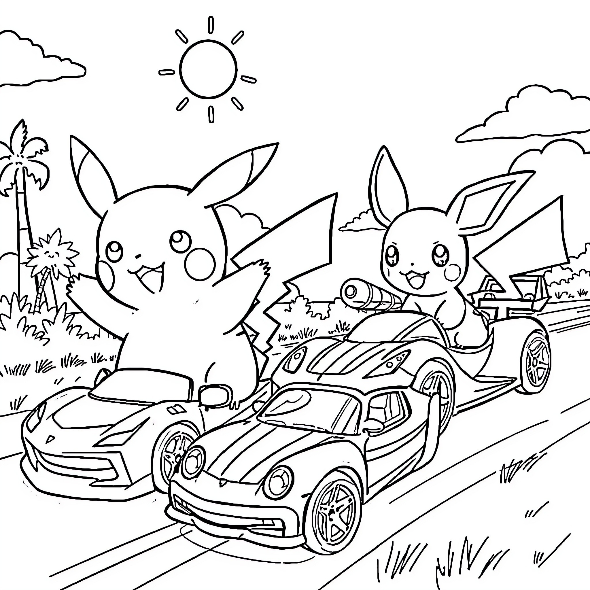 Pikachu and Raichu enjoying a joyride in sporty cars Coloring Page (free black-and-white line drawing printable PDF for all, from beginners to advanced learners, including children, teens, adults, and seniors)