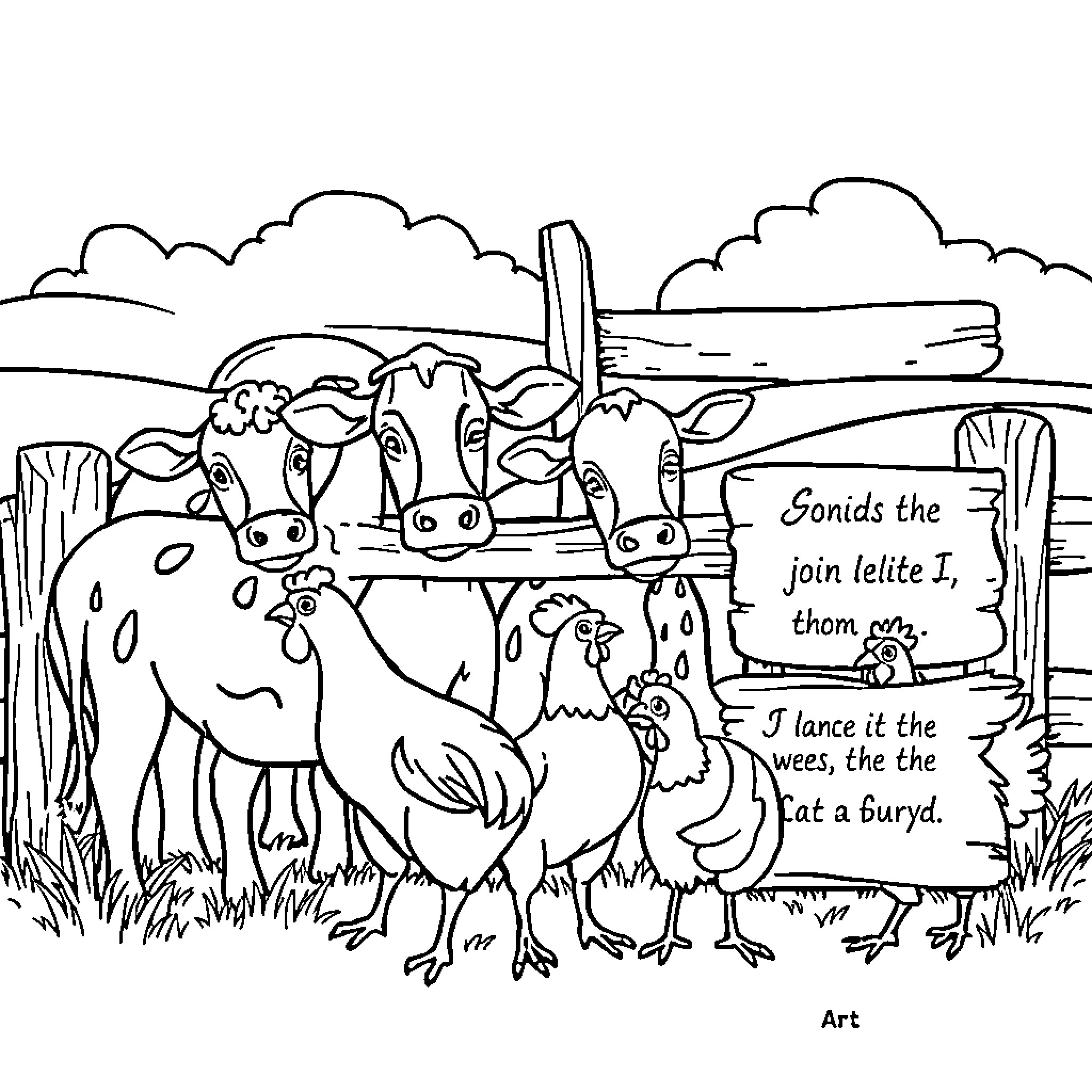 Farm Animal Friends on the Farm Coloring Page (free black-and-white line drawing printable PDF for all, from beginners to advanced learners, including children, teens, adults, and seniors)