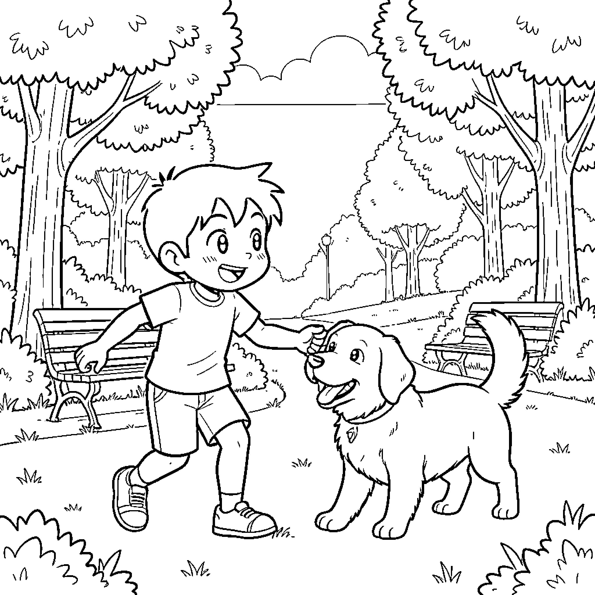 Pazu playing joyfully with a cute dog in the park Coloring Page (free black-and-white line drawing printable PDF for all, from beginners to advanced learners, including children, teens, adults, and seniors)