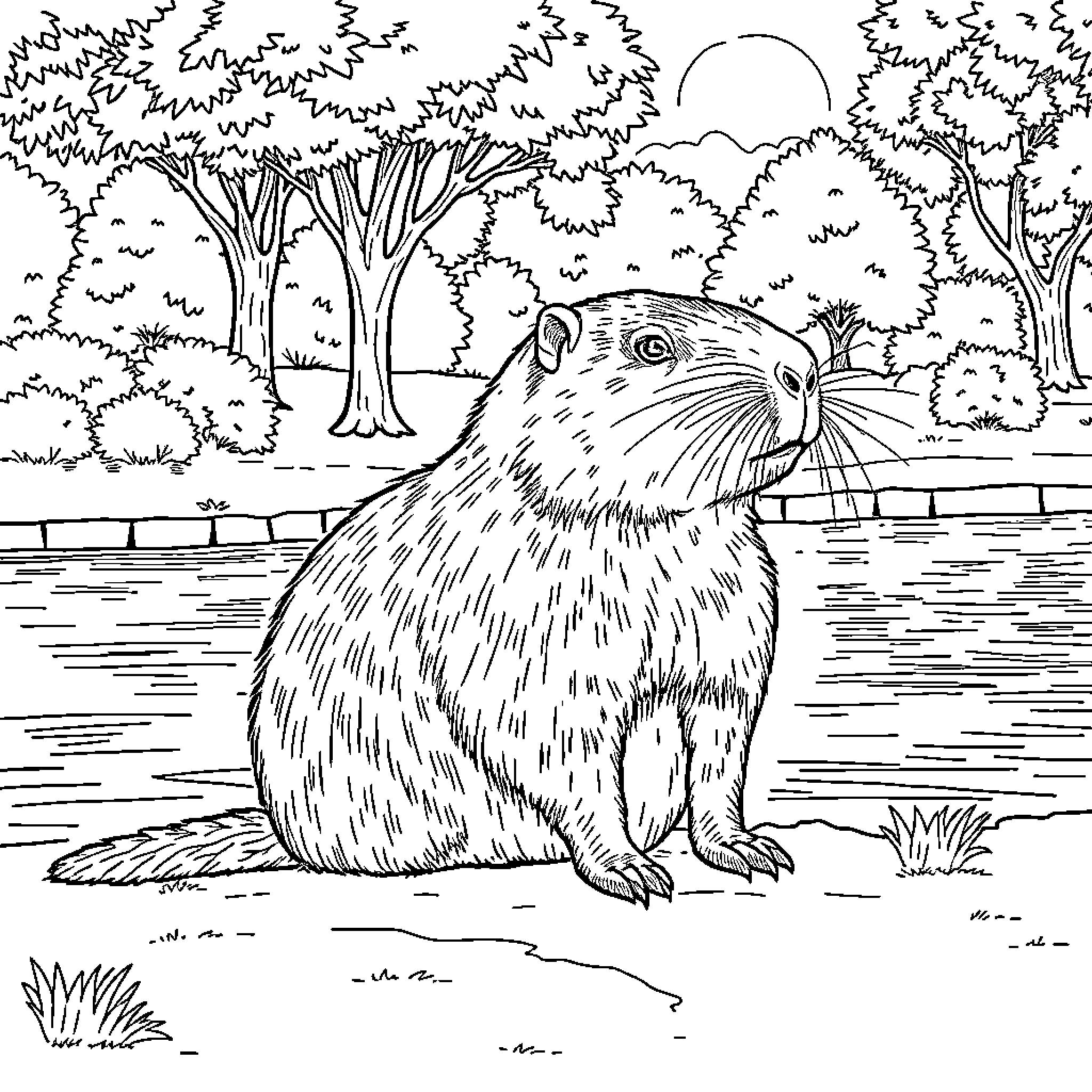 Capybara enjoying nature in the serene woodland Coloring Page (free black-and-white line drawing printable PDF for all, from beginners to advanced learners, including children, teens, adults, and seniors)