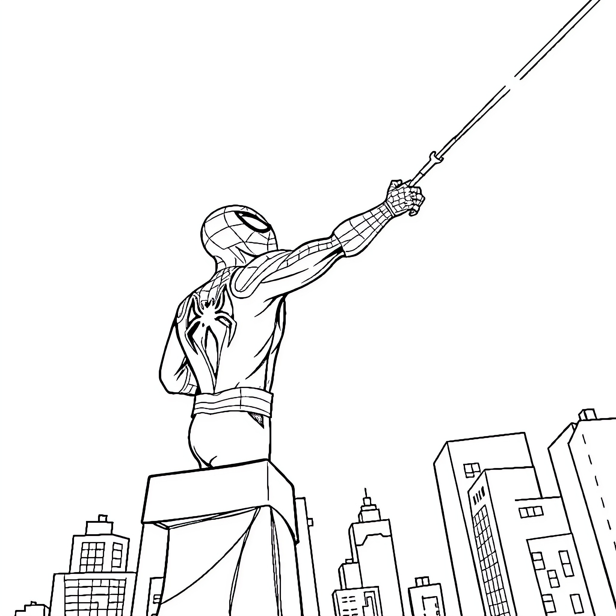 Spiderman swinging through the city skyline Coloring Page (free black-and-white line drawing printable PDF for all, from beginners to advanced learners, including children, teens, adults, and seniors)