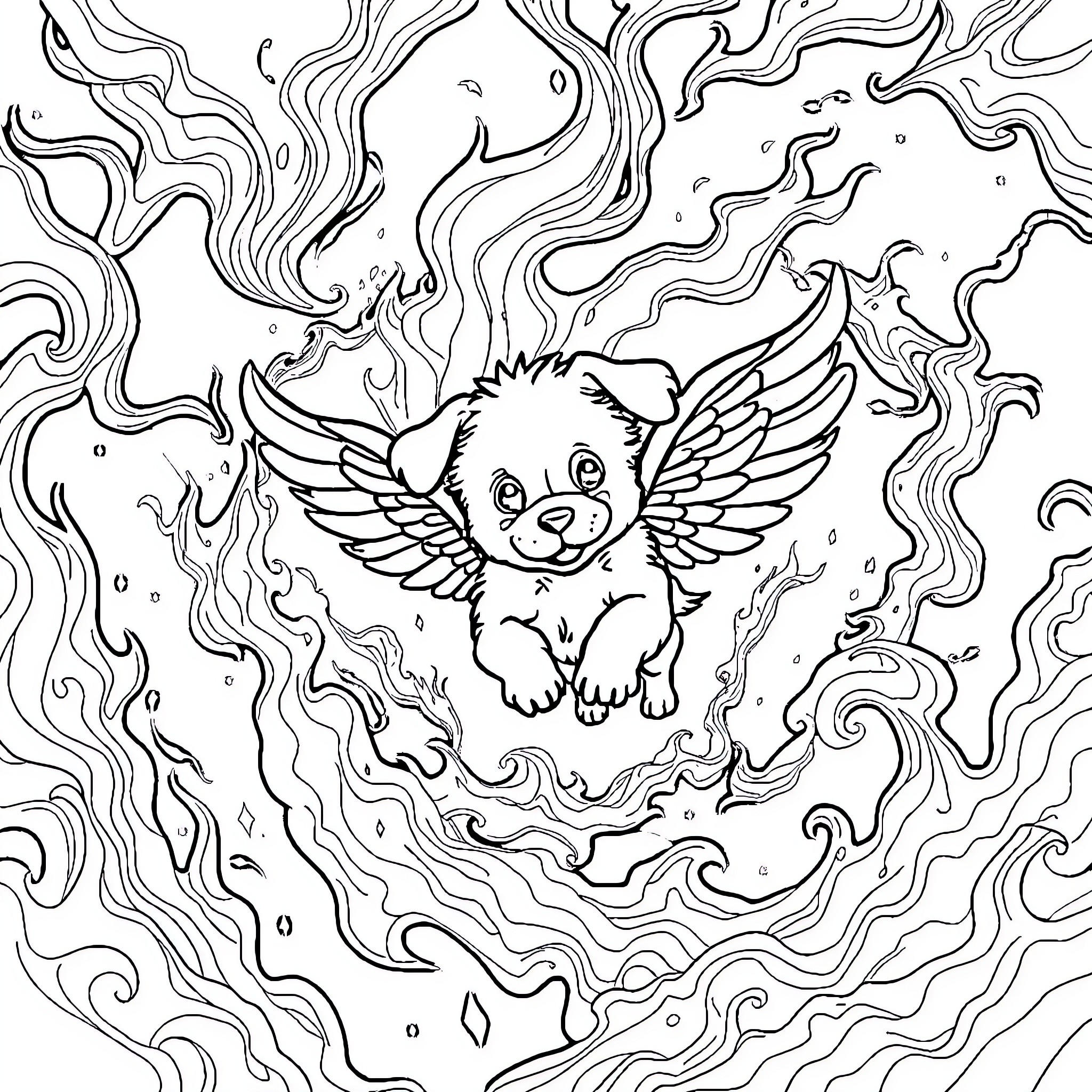 Puppy soaring with ethereal wings in surreal scene Coloring Page (free black-and-white line drawing printable PDF for all, from beginners to advanced learners, including children, teens, adults, and seniors)