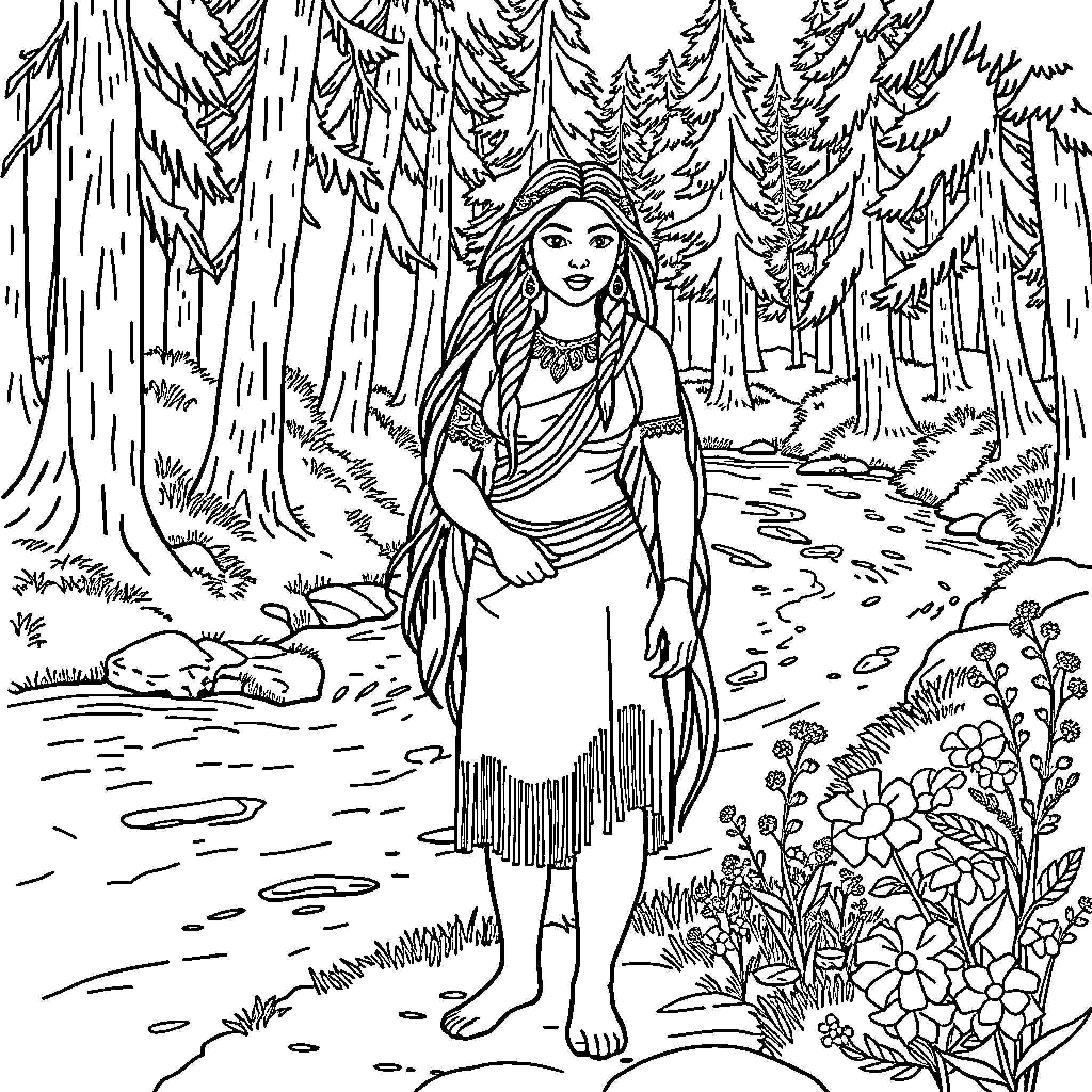 Pocahontas exploring the serene forest landscape Coloring Page (free black-and-white line drawing printable PDF for all, from beginners to advanced learners, including children, teens, adults, and seniors)