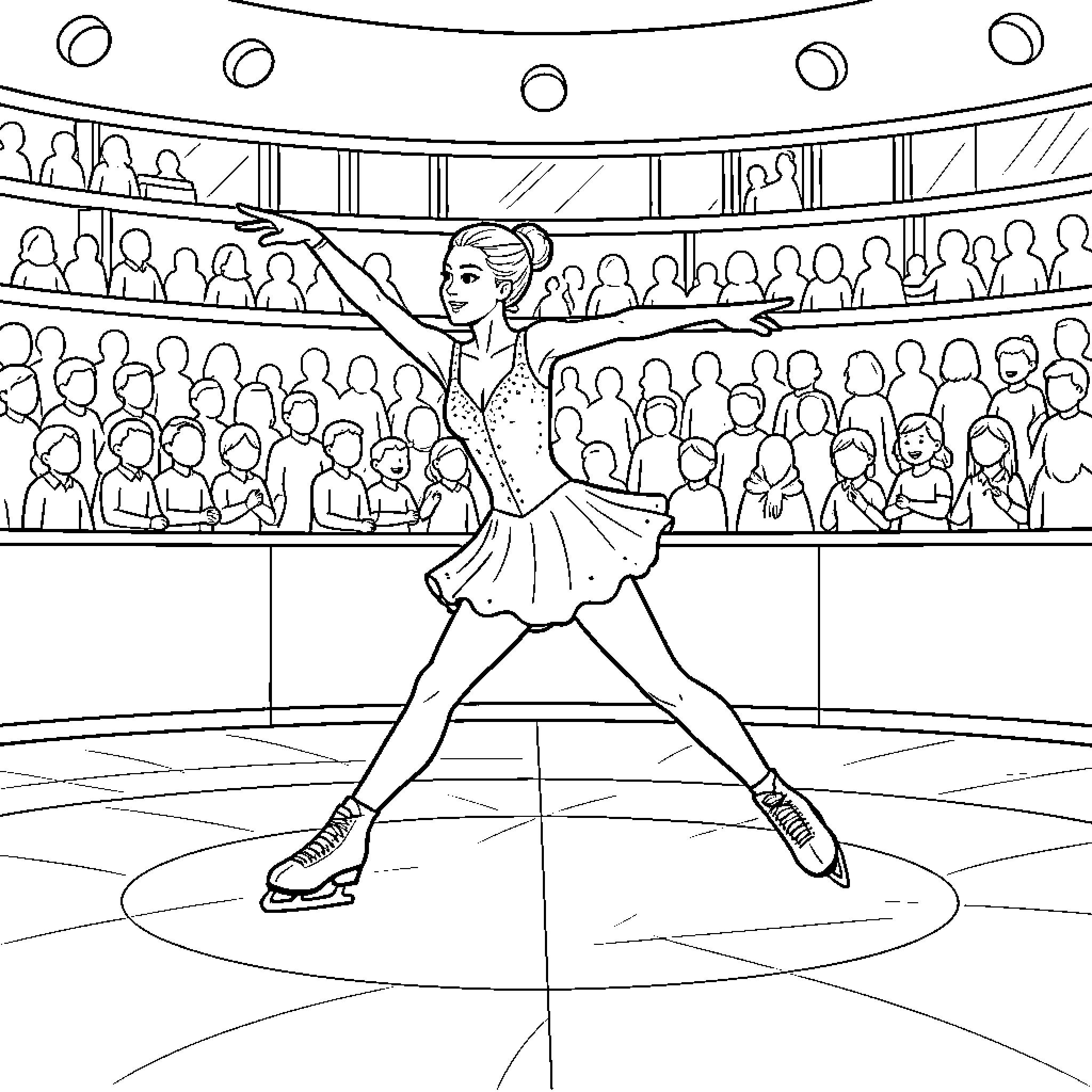 Figure Skater performing a graceful routine before an audience Coloring Page (free black-and-white line drawing printable PDF for all, from beginners to advanced learners, including children, teens, adults, and seniors)