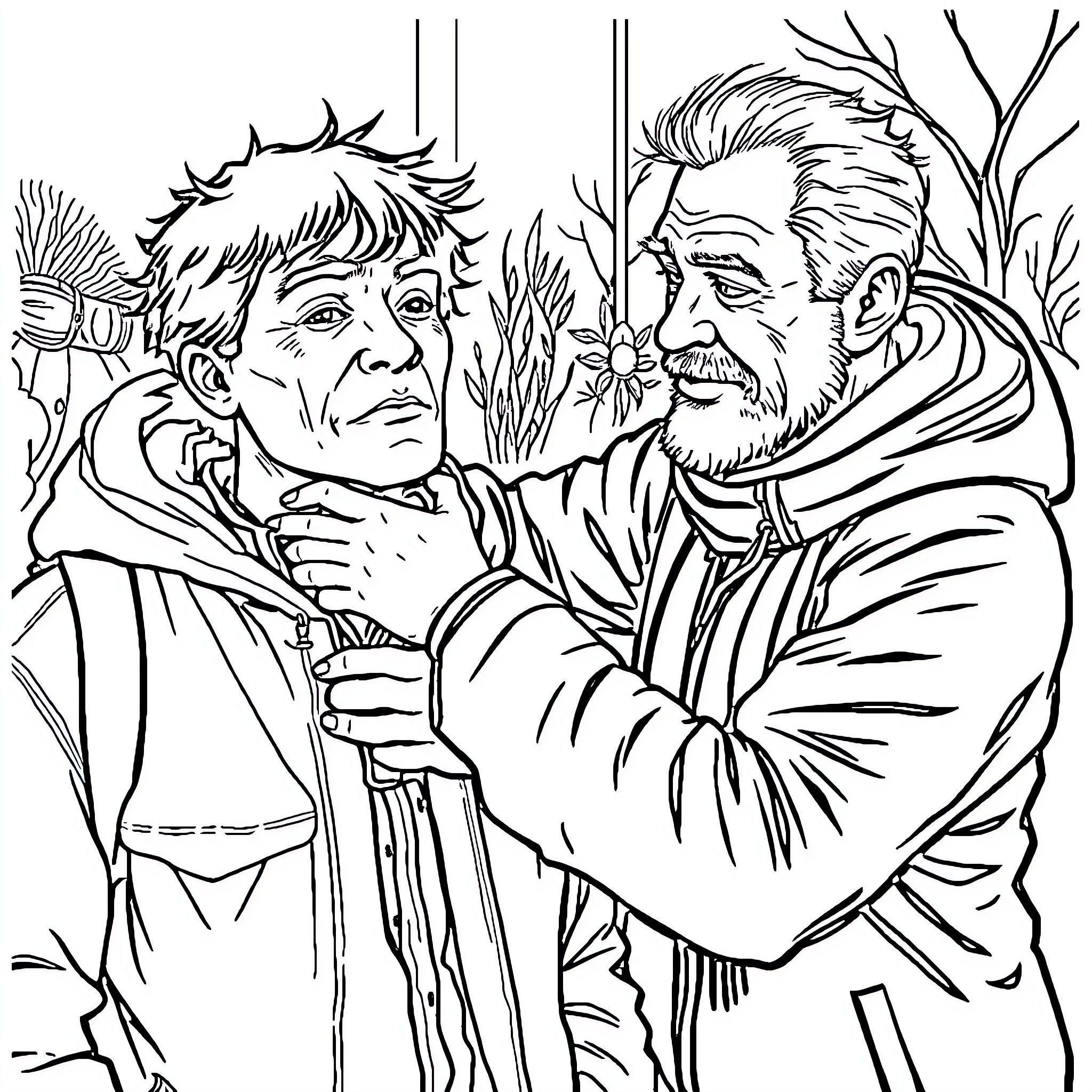 Darragh and Father in Embracing Conversation Coloring Page (free black-and-white line drawing printable PDF for all, from beginners to advanced learners, including children, teens, adults, and seniors)