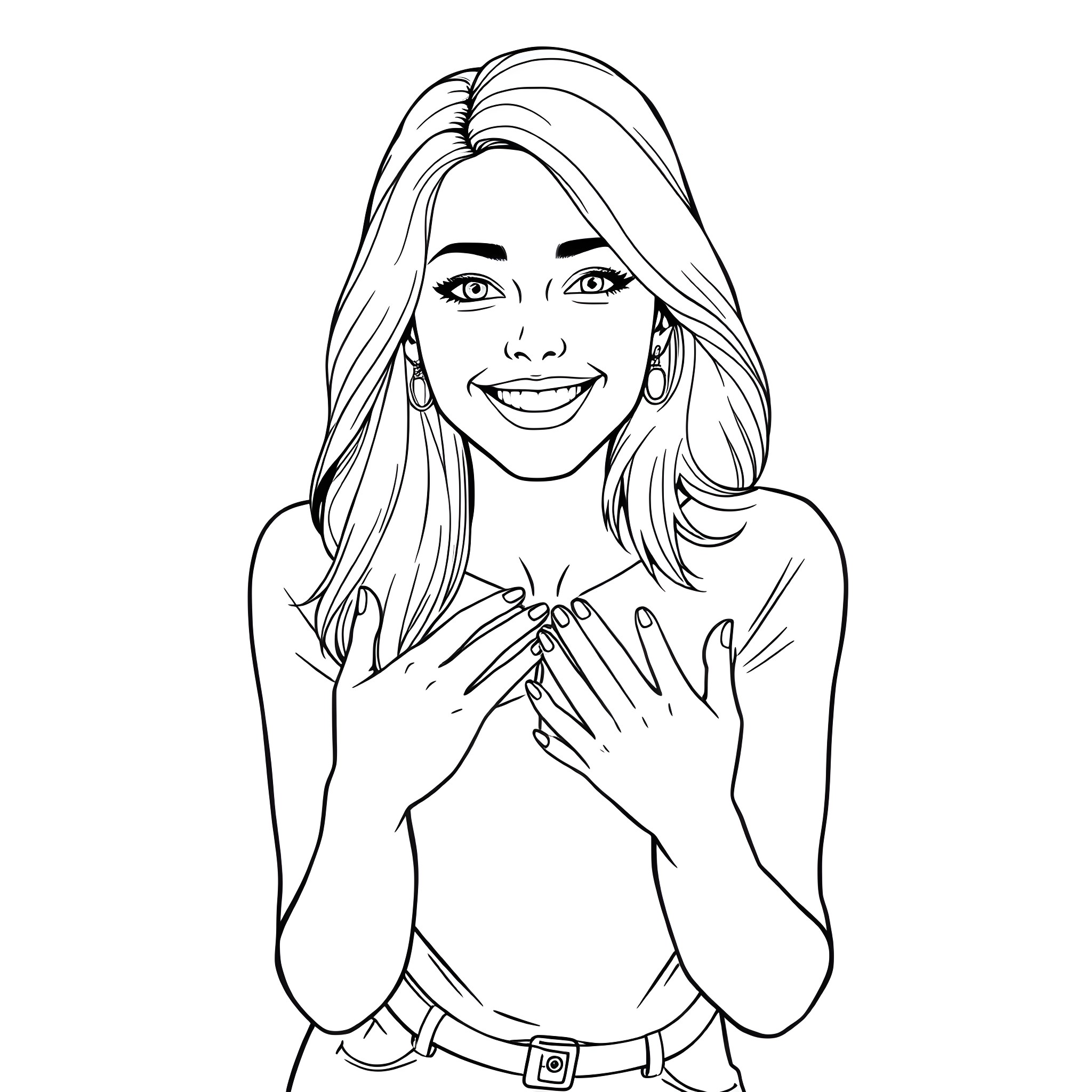 Woman expressing joy and gratitude Coloring Page (free black-and-white line drawing printable PDF for all, from beginners to advanced learners, including children, teens, adults, and seniors)