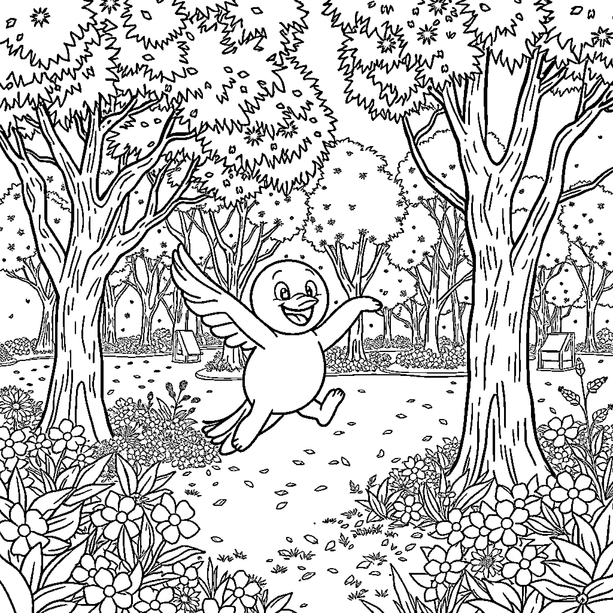 Cuy frolicking in a whimsical woodland scene Coloring Page (free black-and-white line drawing printable PDF for all, from beginners to advanced learners, including children, teens, adults, and seniors)