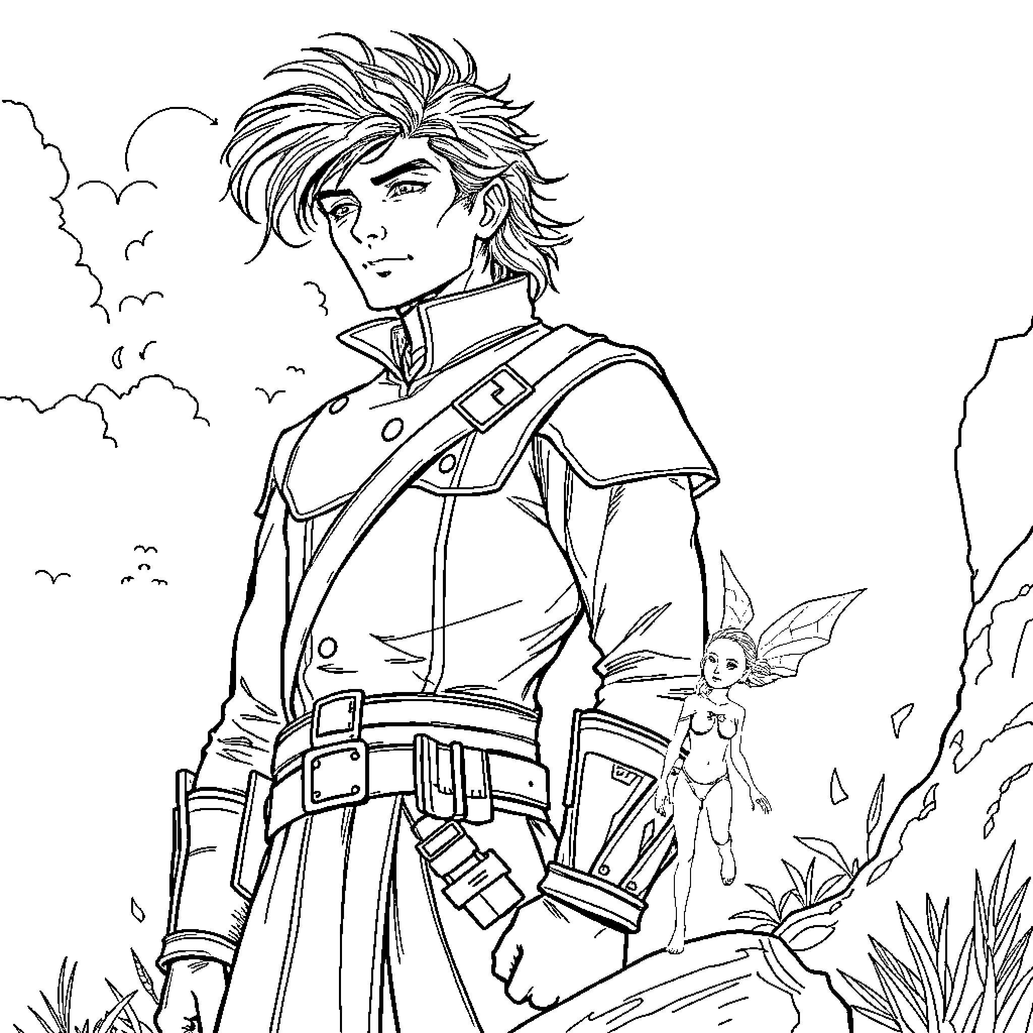 Kaladin, the Heroic Soldier Amid Stormy Landscapes Coloring Page (free black-and-white line drawing printable PDF for all, from beginners to advanced learners, including children, teens, adults, and seniors)