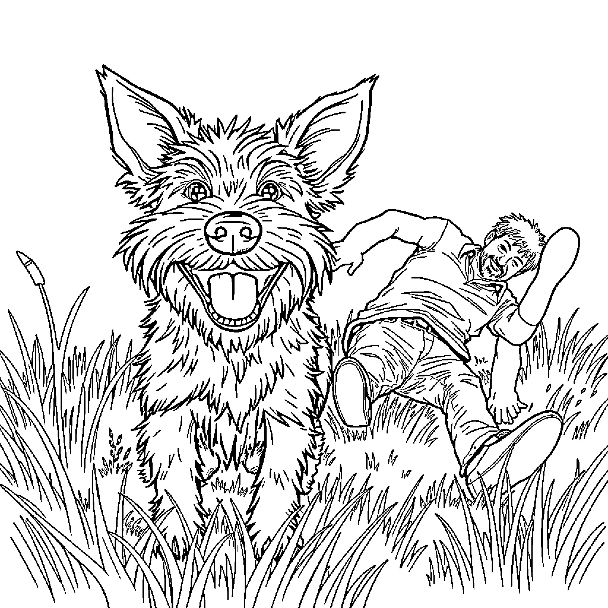 Terrier playfully running through tall grass Coloring Page (free black-and-white line drawing printable PDF for all, from beginners to advanced learners, including children, teens, adults, and seniors)