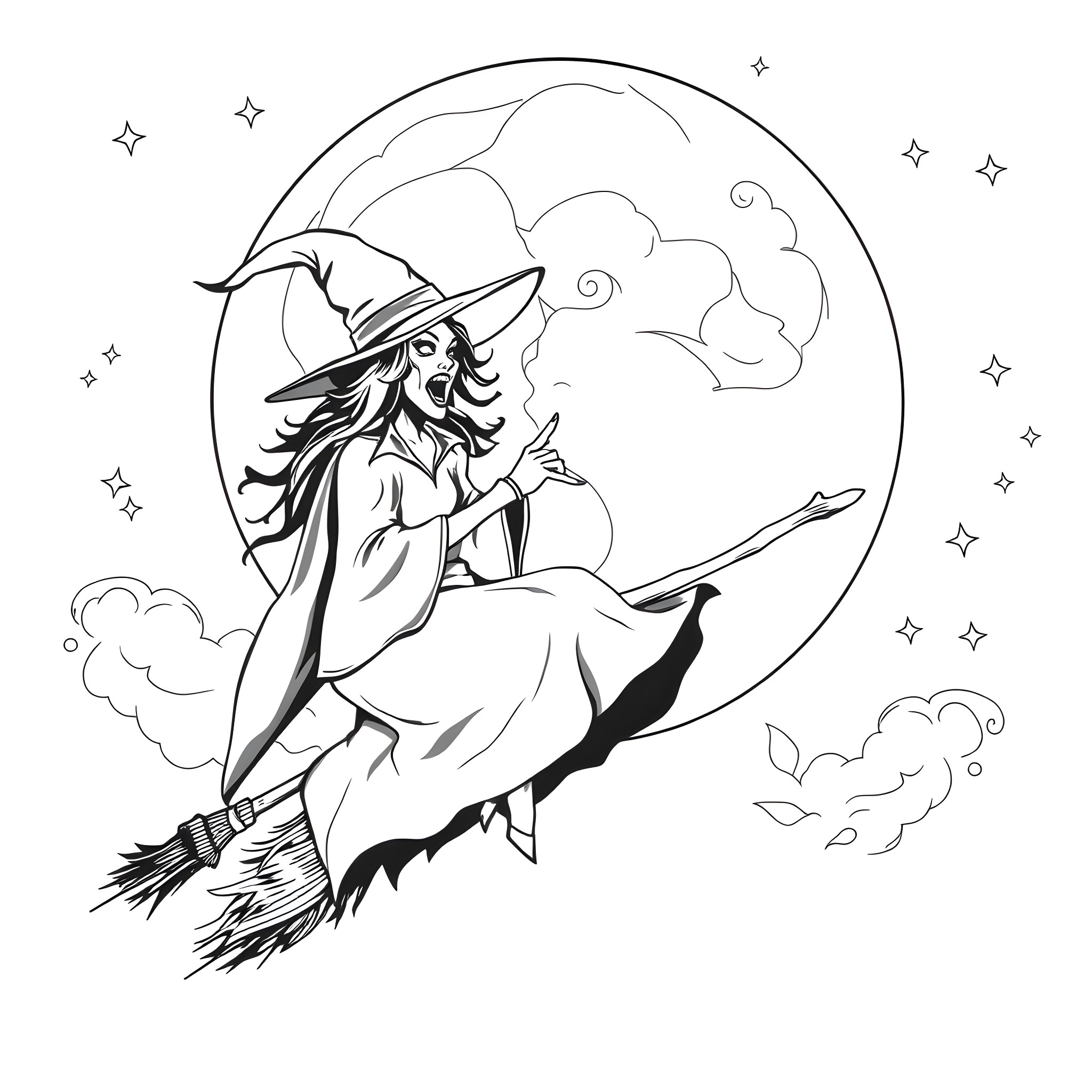 Witch flying on broomstick under starry night sky Coloring Page (free black-and-white line drawing printable PDF for all, from beginners to advanced learners, including children, teens, adults, and seniors)