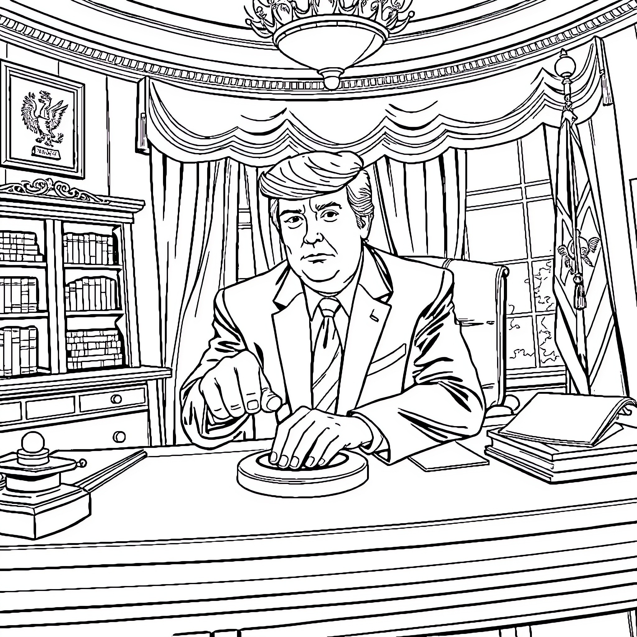 Donald Trump in the Oval Office Coloring Page (free black-and-white line drawing printable PDF for all, from beginners to advanced learners, including children, teens, adults, and seniors)