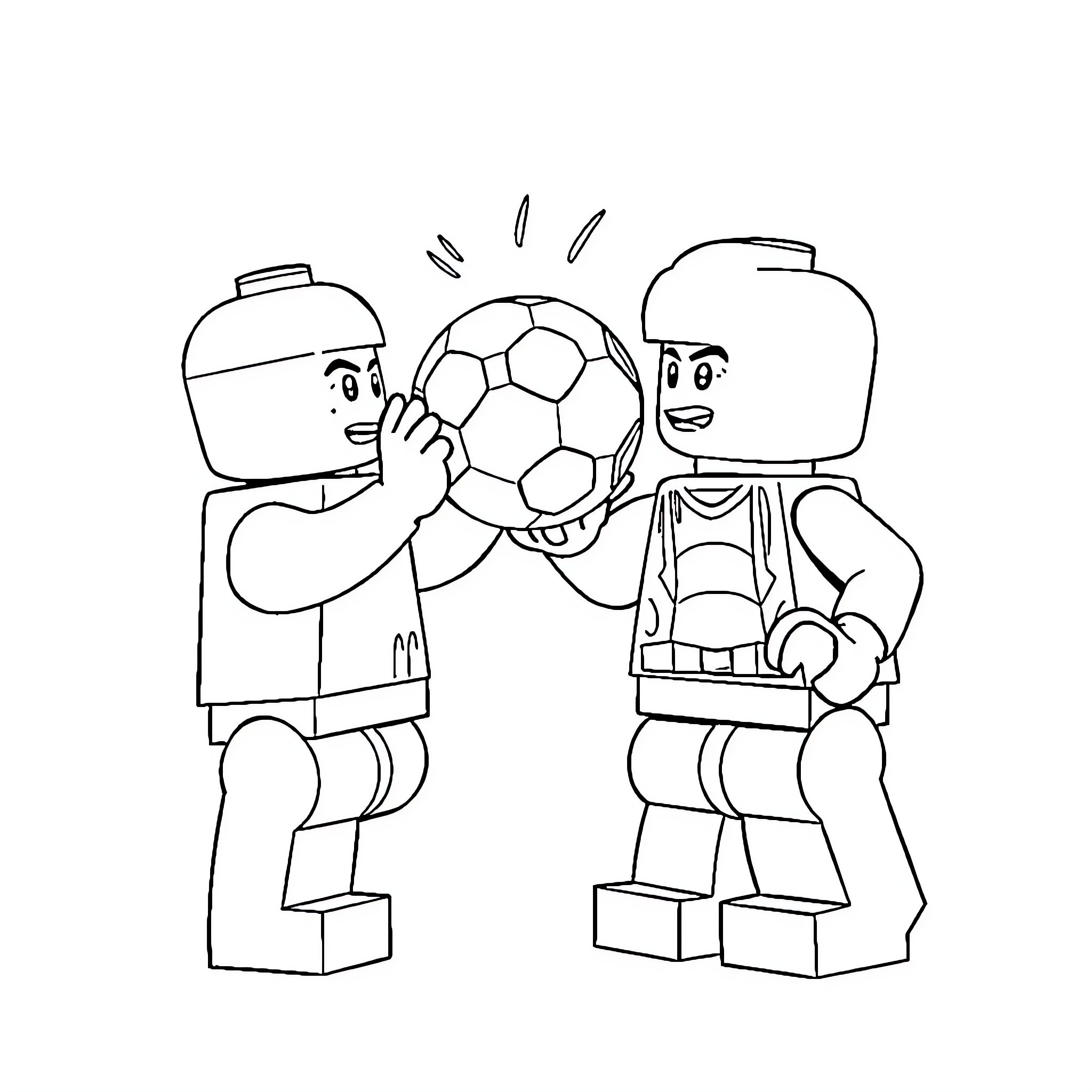Lego Guys Playing Soccer Together Coloring Page (free black-and-white line drawing printable PDF for all, from beginners to advanced learners, including children, teens, adults, and seniors)