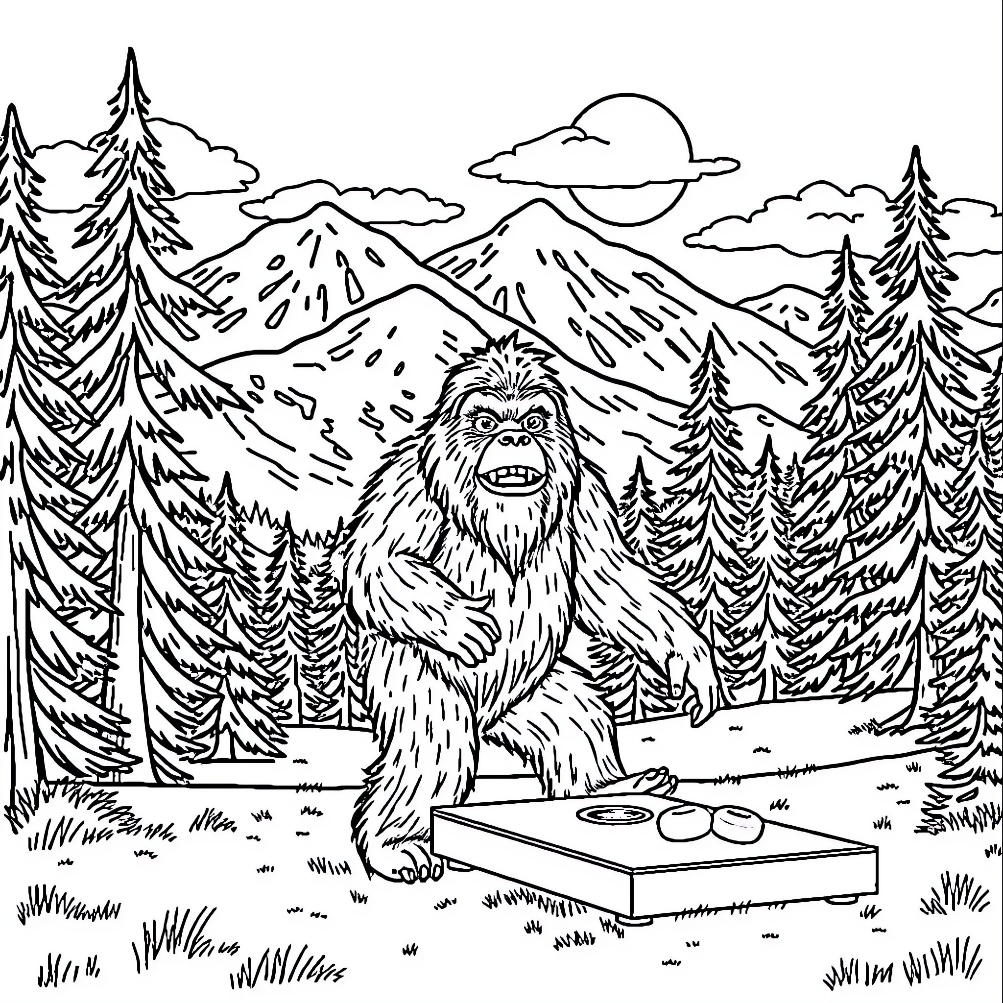Sasquatch playing cornhole in the forest Coloring Page (free black-and-white line drawing printable PDF for all, from beginners to advanced learners, including children, teens, adults, and seniors)