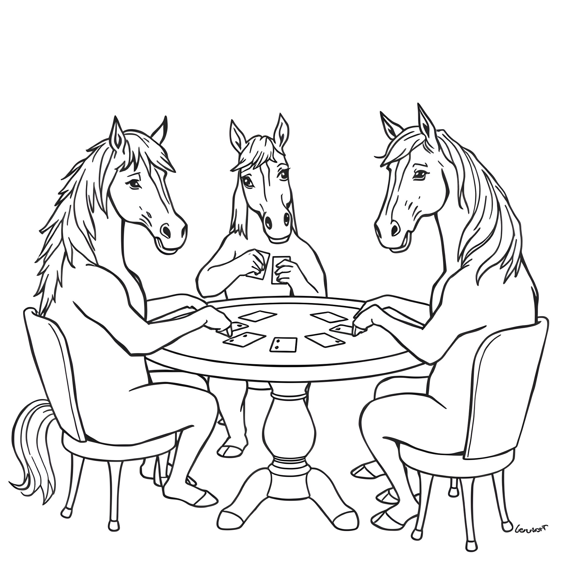 Horses playing cards at the table Coloring Page (free black-and-white line drawing printable PDF for all, from beginners to advanced learners, including children, teens, adults, and seniors)