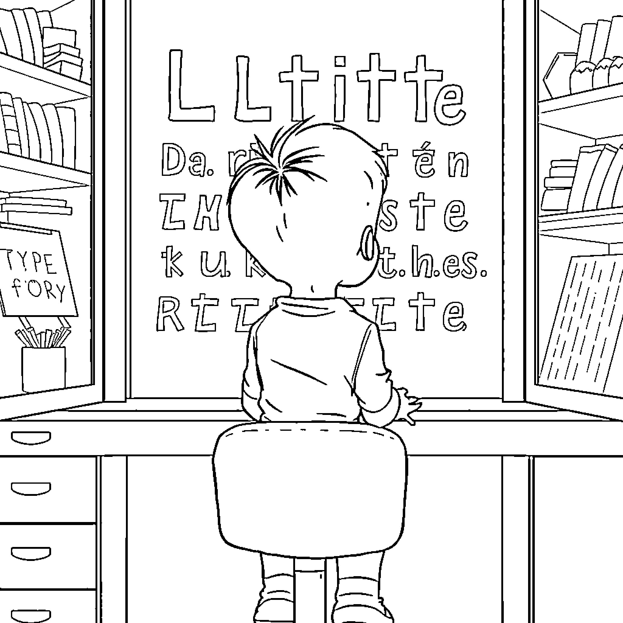 Child sitting in front of bookshelf with text Coloring Page (free black-and-white line drawing printable PDF for all, from beginners to advanced learners, including children, teens, adults, and seniors)