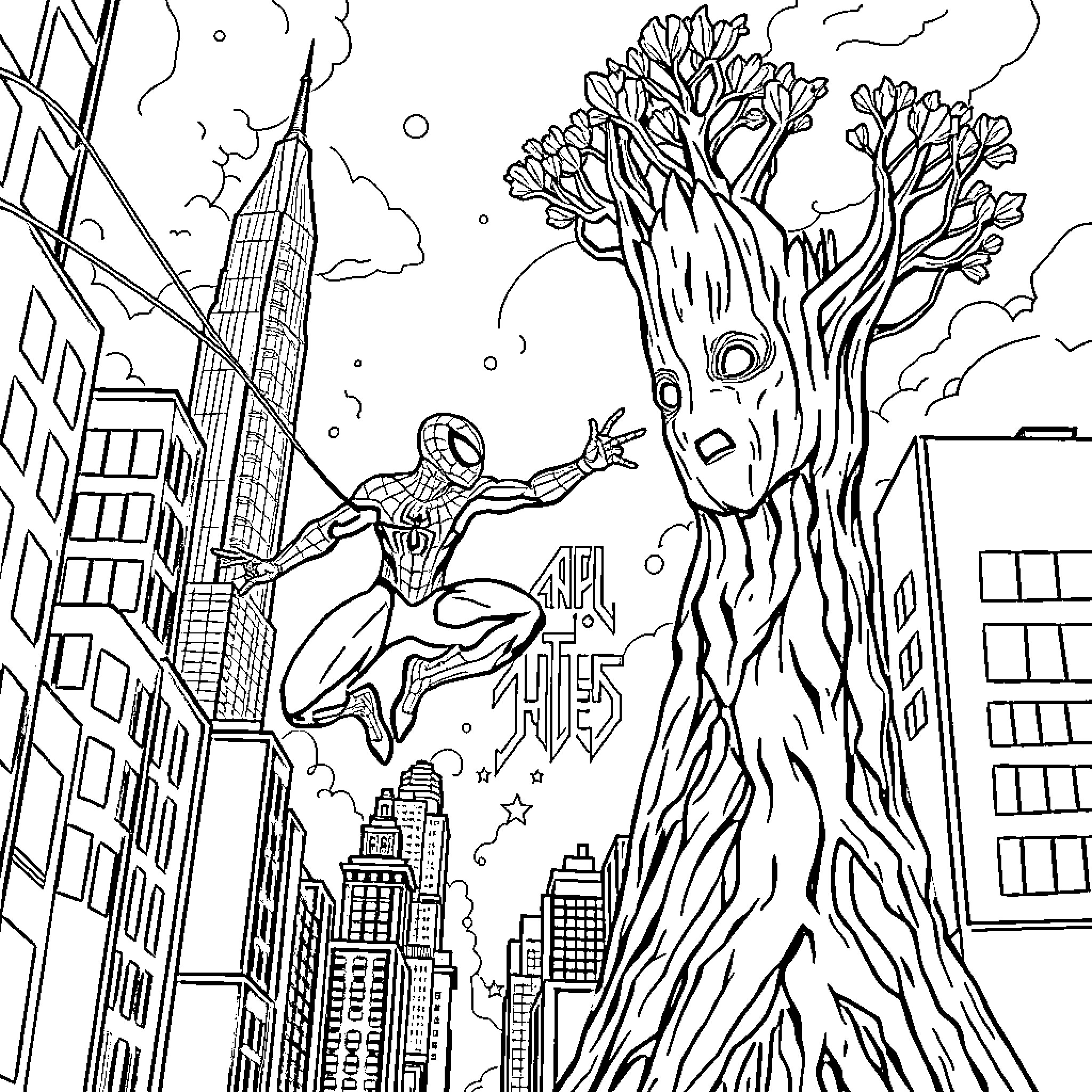 Spider-Man swinging through the city with a tree monster Coloring Page (free black-and-white line drawing printable PDF for all, from beginners to advanced learners, including children, teens, adults, and seniors)
