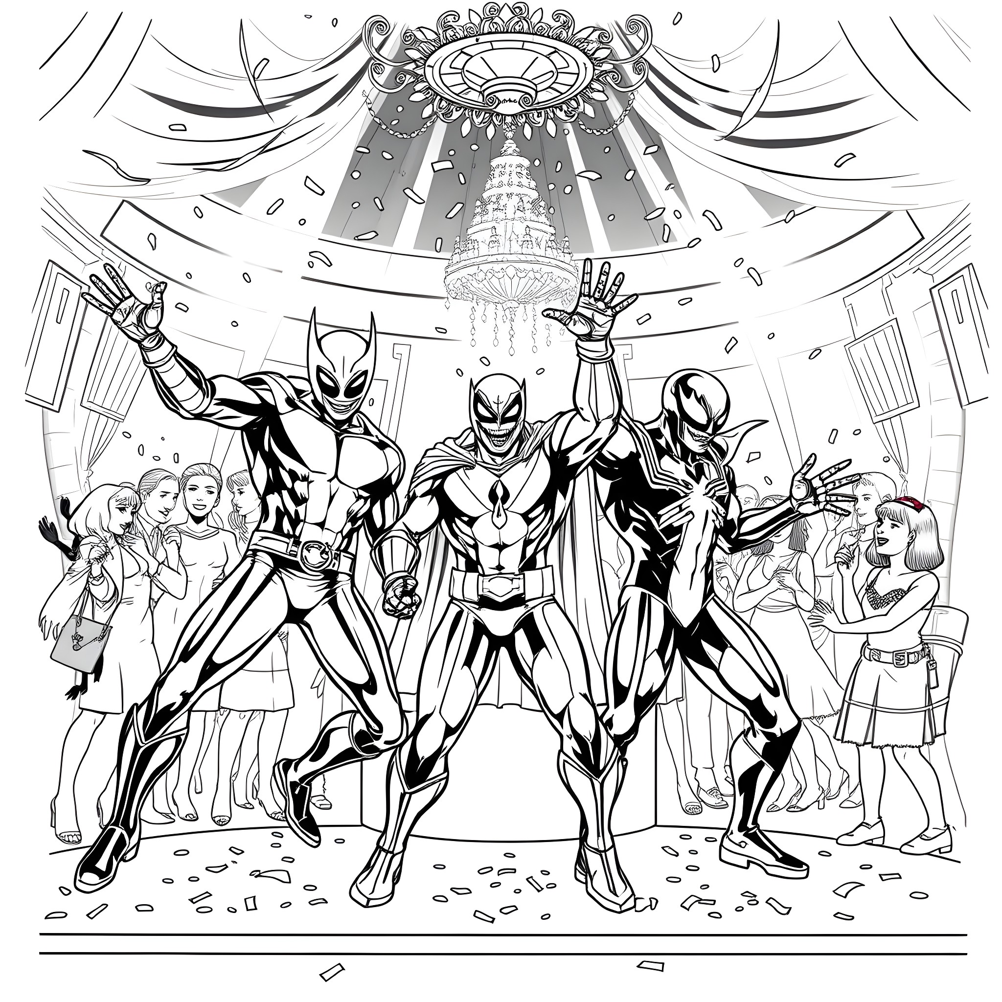 Superhero Team Triumphantly Assembled Coloring Page (free black-and-white line drawing printable PDF for all, from beginners to advanced learners, including children, teens, adults, and seniors)
