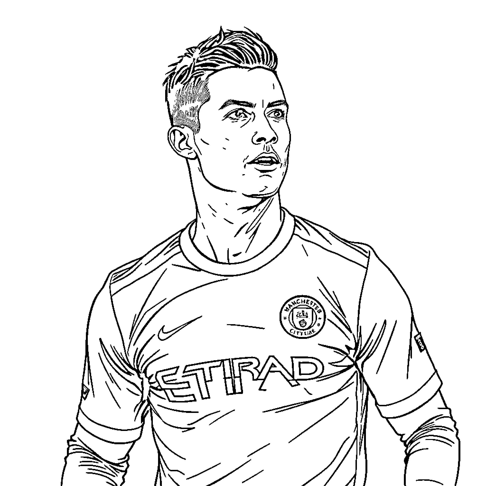 Cristiano Ronaldo in Manchester City football uniform Coloring Page (free black-and-white line drawing printable PDF for all, from beginners to advanced learners, including children, teens, adults, and seniors)