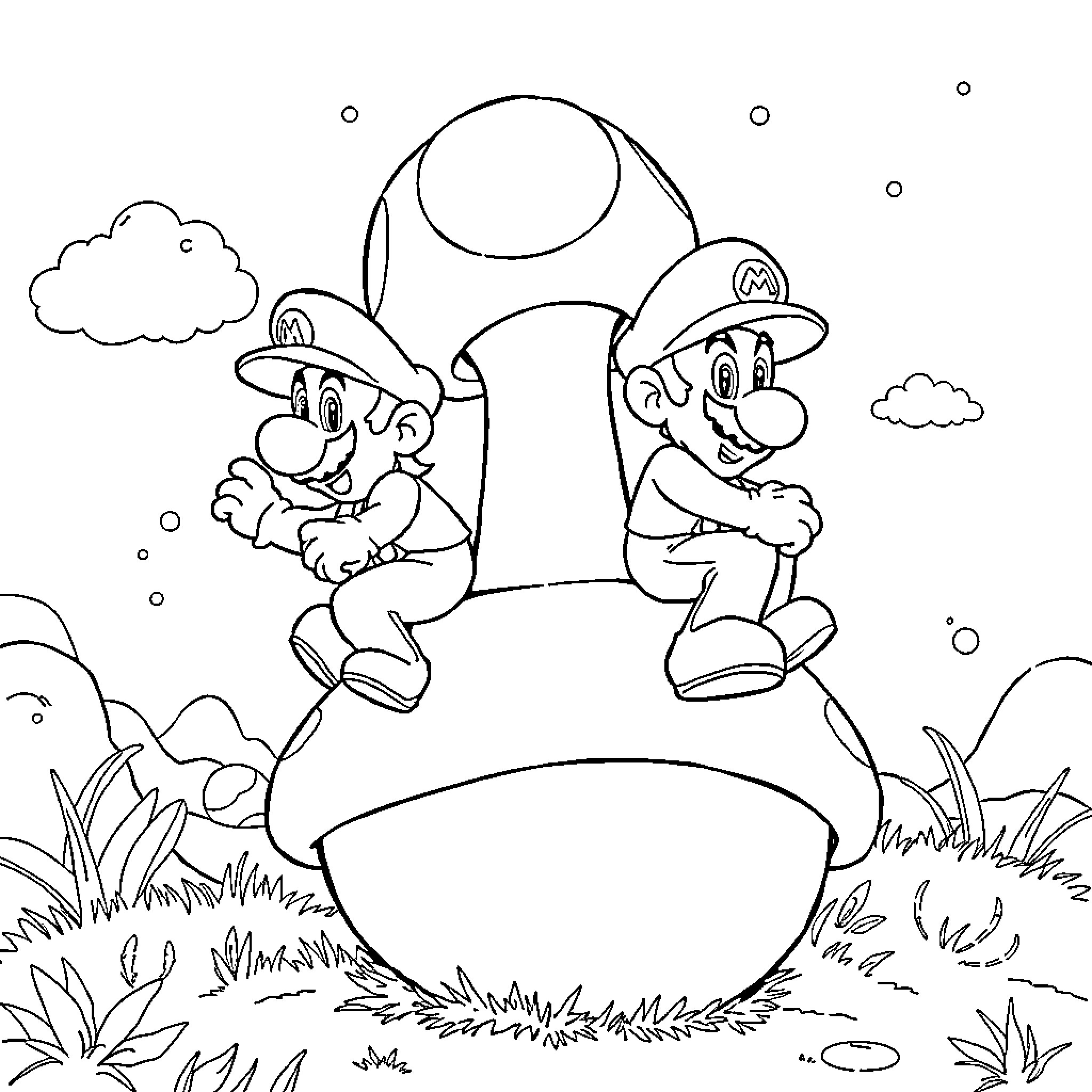 Mario and Luigi Exploring the Mushroom Kingdom Coloring Page (free black-and-white line drawing printable PDF for all, from beginners to advanced learners, including children, teens, adults, and seniors)