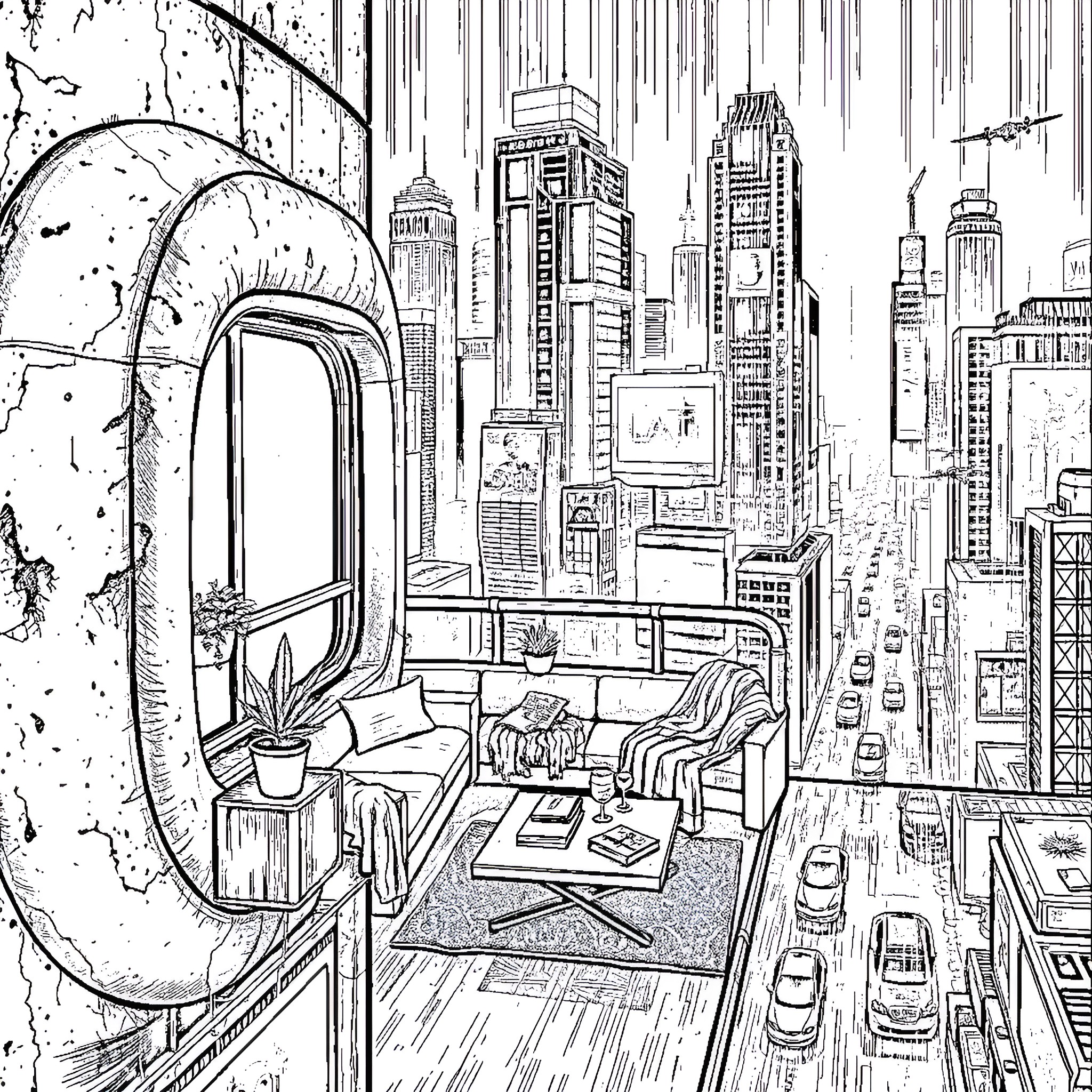 Pod Apartment with Cityscape Views Coloring Page (free black-and-white line drawing printable PDF for all, from beginners to advanced learners, including children, teens, adults, and seniors)