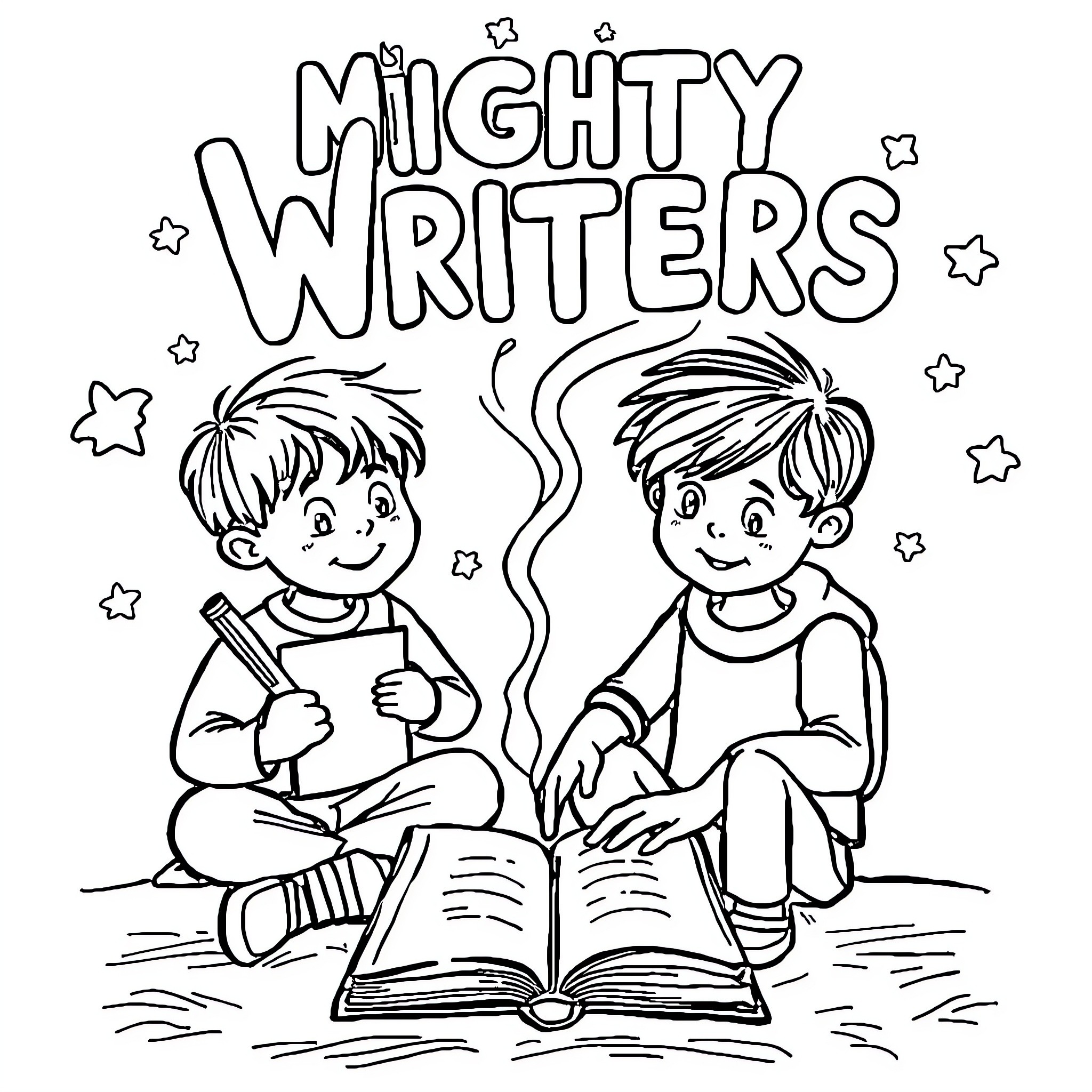 Writer kids writing stories with books and pencils Coloring Page (free black-and-white line drawing printable PDF for all, from beginners to advanced learners, including children, teens, adults, and seniors)