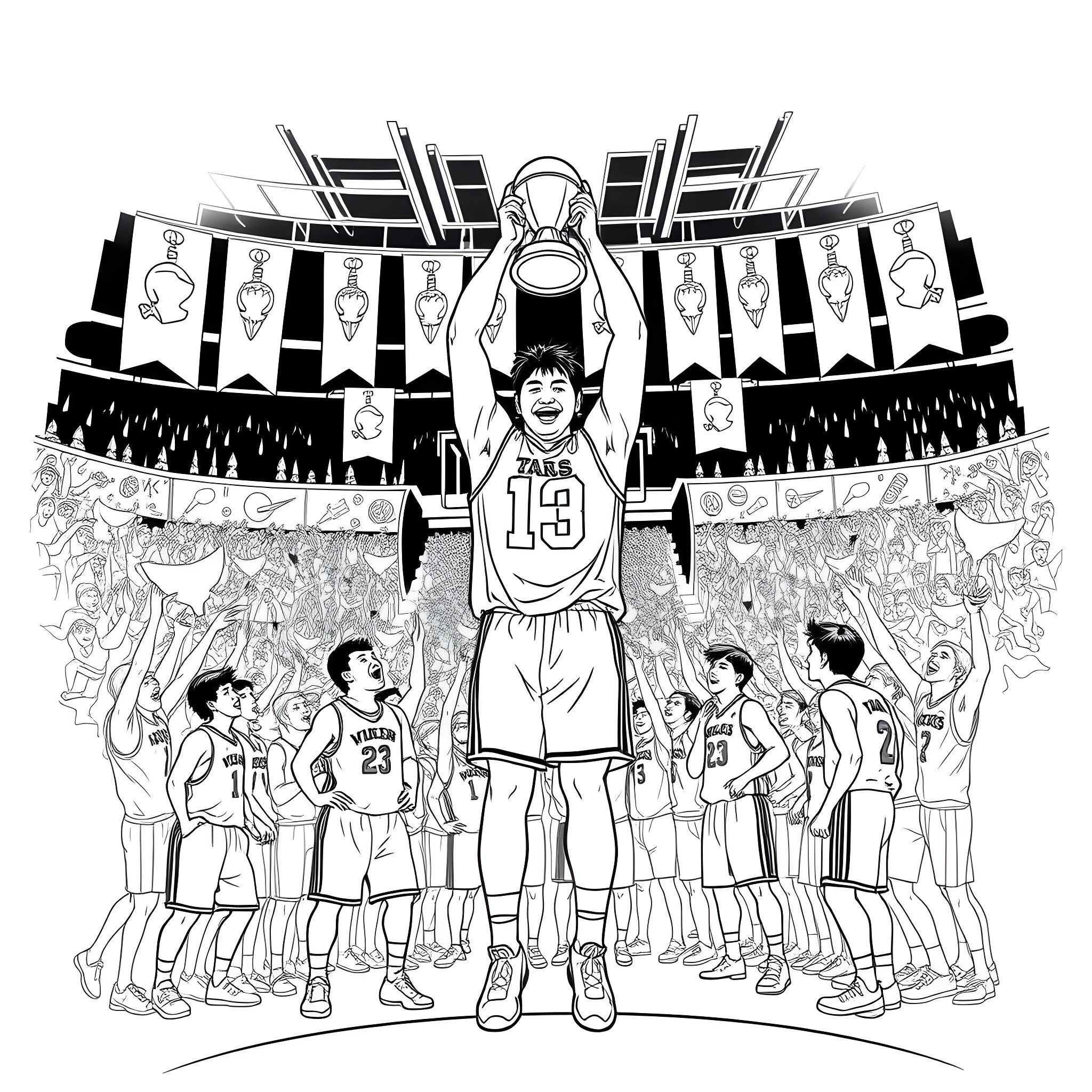 Yao Ming Celebrating Victory with Basketball Team Coloring Page (free black-and-white line drawing printable PDF for all, from beginners to advanced learners, including children, teens, adults, and seniors)