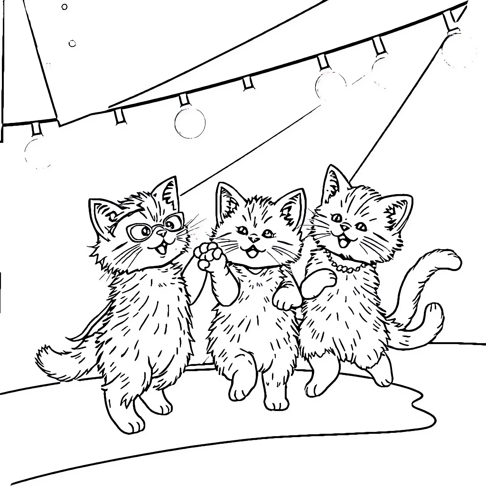 Superkitties perform under the stage lights Coloring Page (free black-and-white line drawing printable PDF for all, from beginners to advanced learners, including children, teens, adults, and seniors)