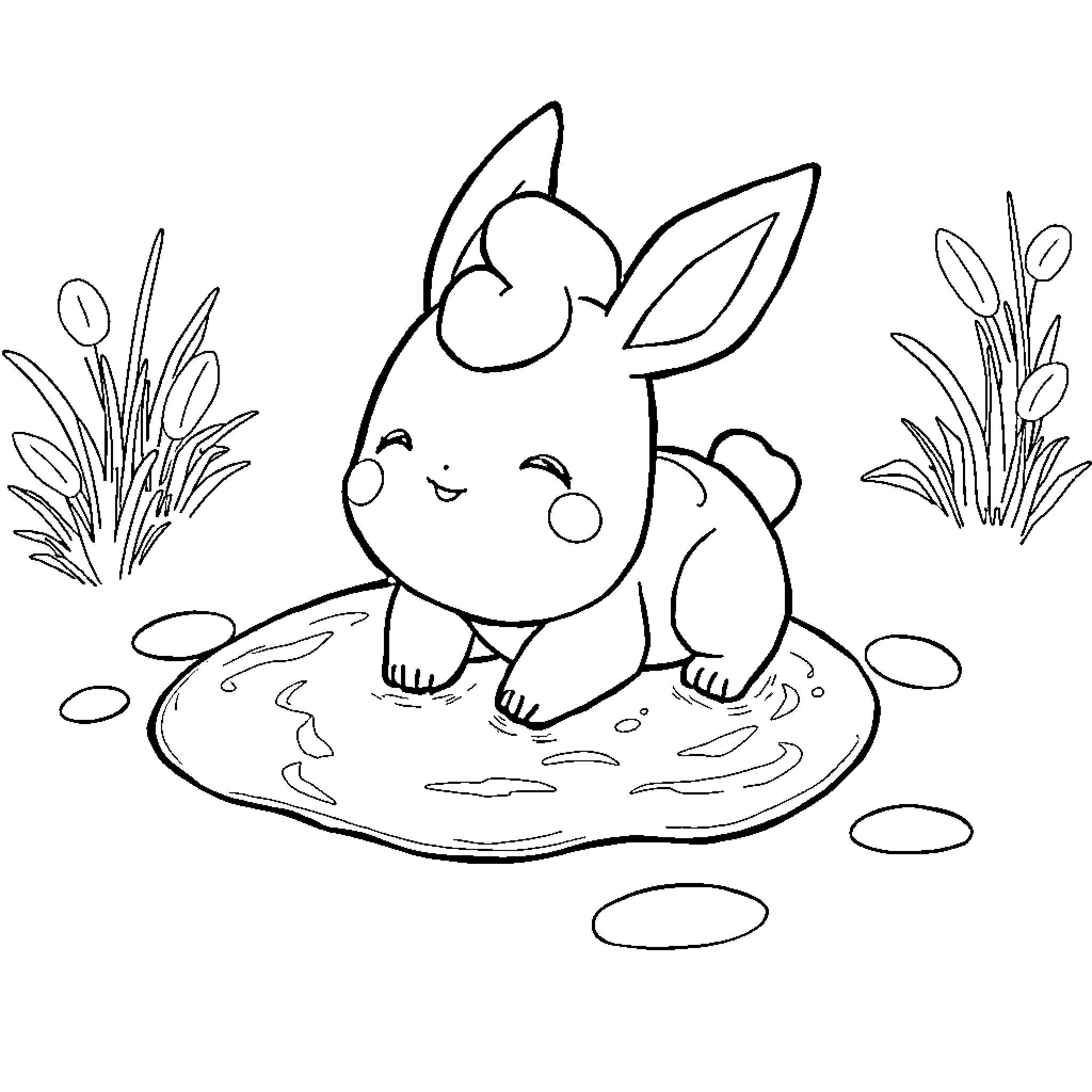 Mudkip enjoying the outdoors in a peaceful scene Coloring Page (free black-and-white line drawing printable PDF for all, from beginners to advanced learners, including children, teens, adults, and seniors)
