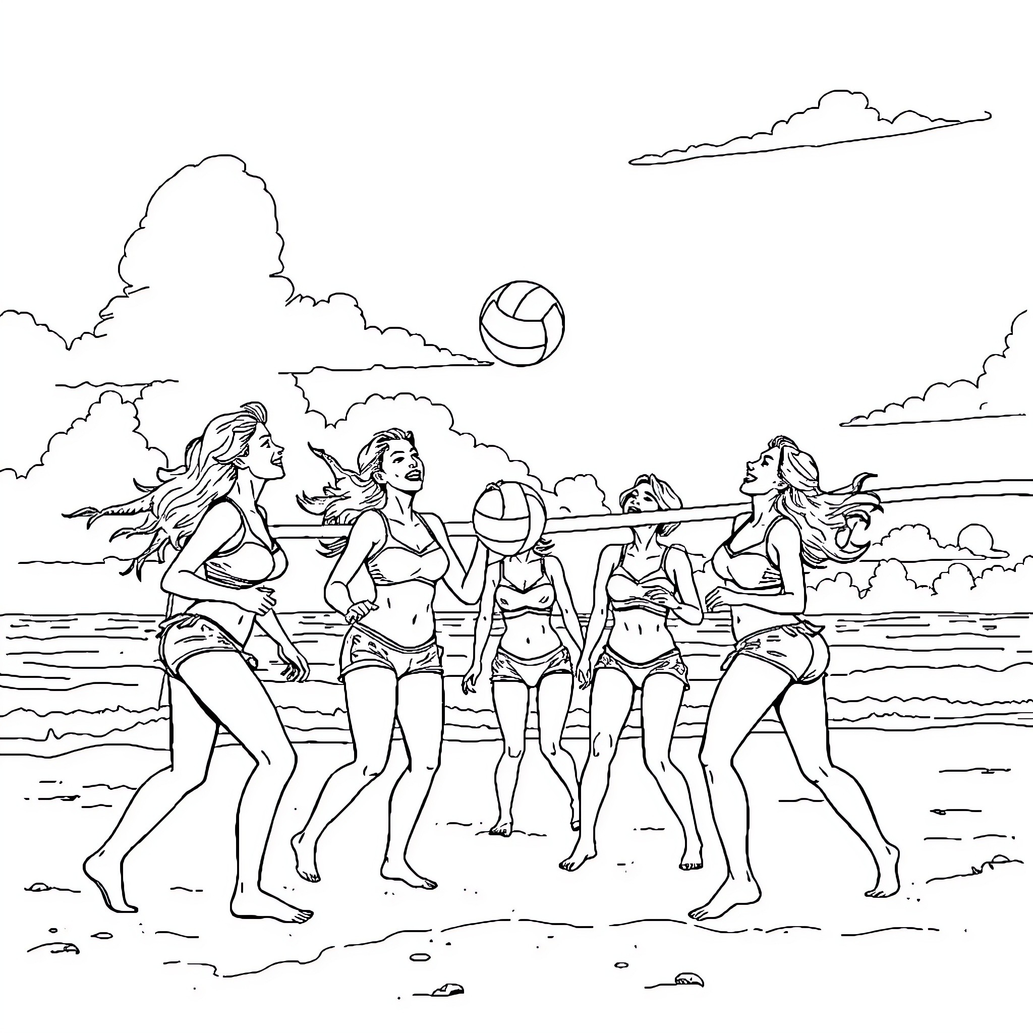 Women playing volleyball on the beach Coloring Page (free black-and-white line drawing printable PDF for all, from beginners to advanced learners, including children, teens, adults, and seniors)