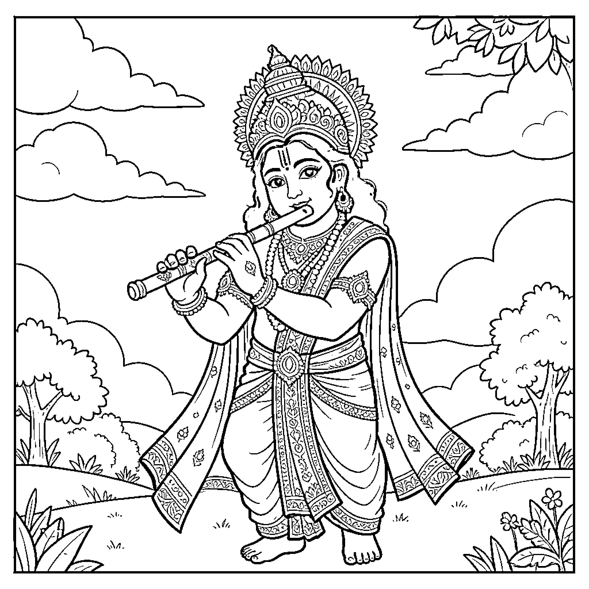 Krishna playing the flute in a serene landscape Coloring Page (free black-and-white line drawing printable PDF for all, from beginners to advanced learners, including children, teens, adults, and seniors)