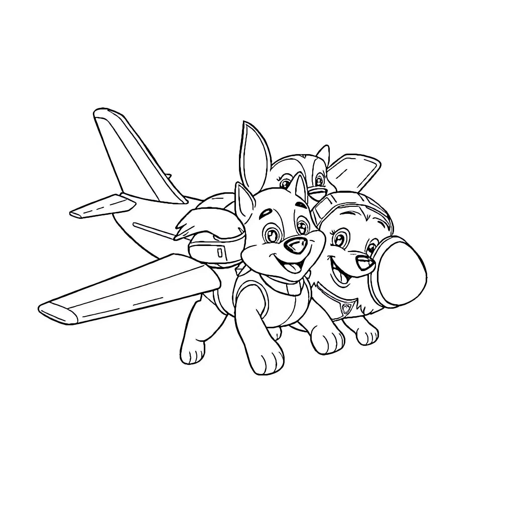 Pat's Playful Pups Soar with Joy Coloring Page (free black-and-white line drawing printable PDF for all, from beginners to advanced learners, including children, teens, adults, and seniors)