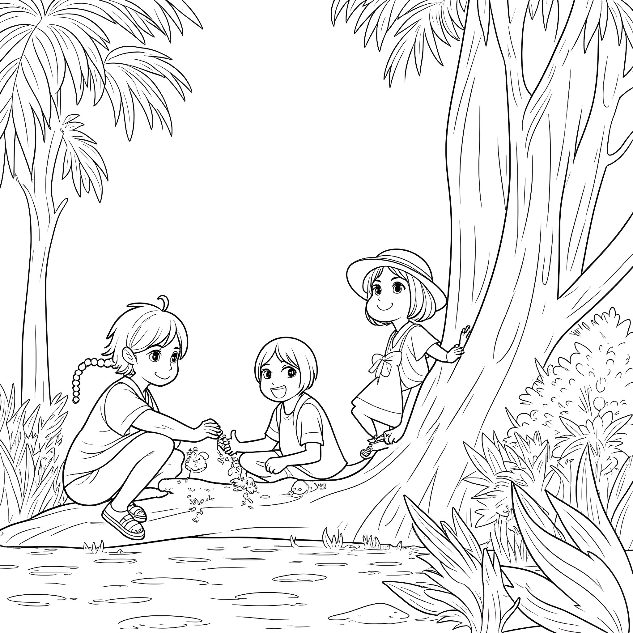 Characters exploring the jungle landscape Coloring Page (free black-and-white line drawing printable PDF for all, from beginners to advanced learners, including children, teens, adults, and seniors)