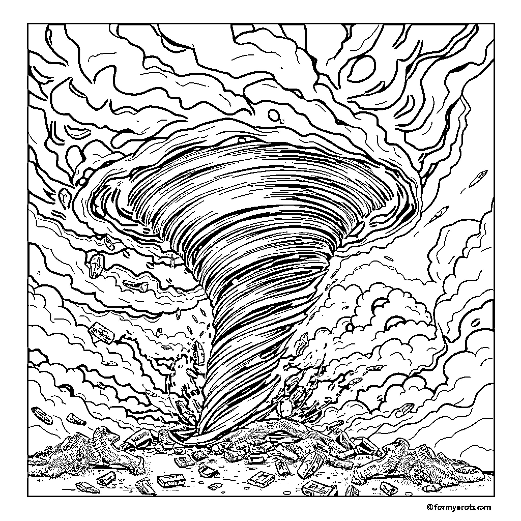 Tornado ripping through a stormy landscape Coloring Page (free black-and-white line drawing printable PDF for all, from beginners to advanced learners, including children, teens, adults, and seniors)