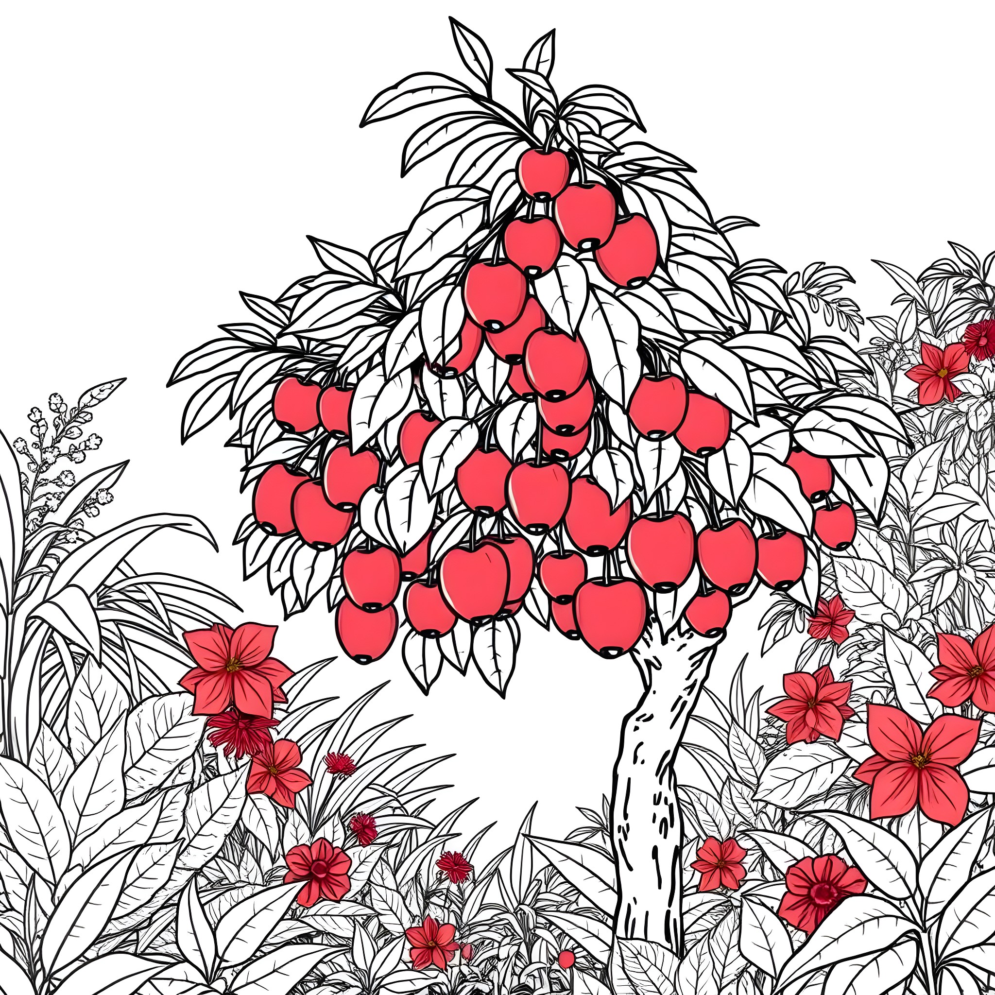 Cempedak tree with ripe fruits in a lush garden Coloring Page (free black-and-white line drawing printable PDF for all, from beginners to advanced learners, including children, teens, adults, and seniors)