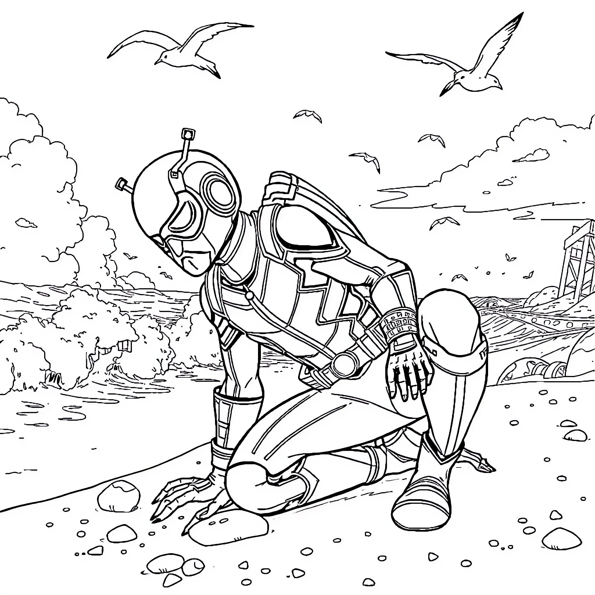 Antman exploring a mysterious environment Coloring Page (free black-and-white line drawing printable PDF for all, from beginners to advanced learners, including children, teens, adults, and seniors)