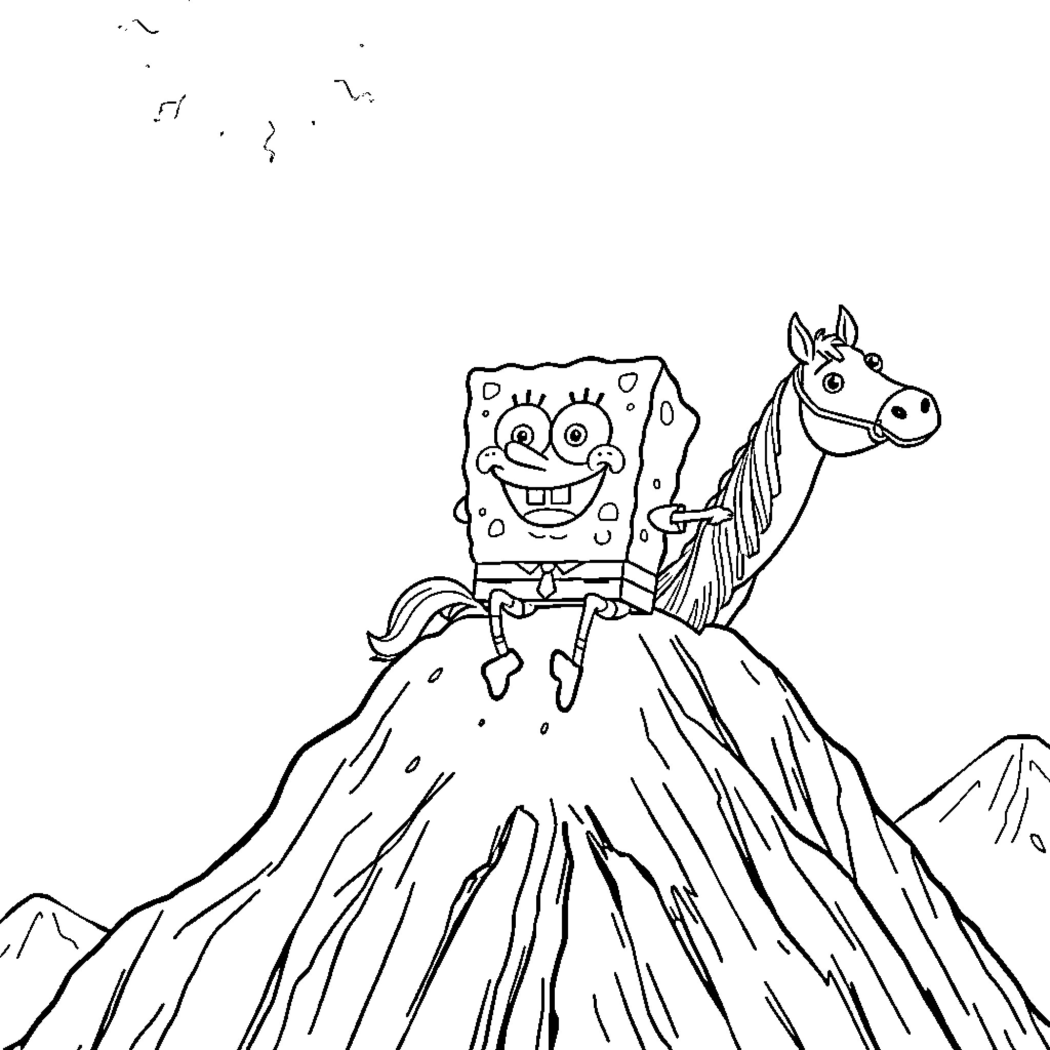 Spongebob riding a horse on a volcano Coloring Page (free black-and-white line drawing printable PDF for all, from beginners to advanced learners, including children, teens, adults, and seniors)
