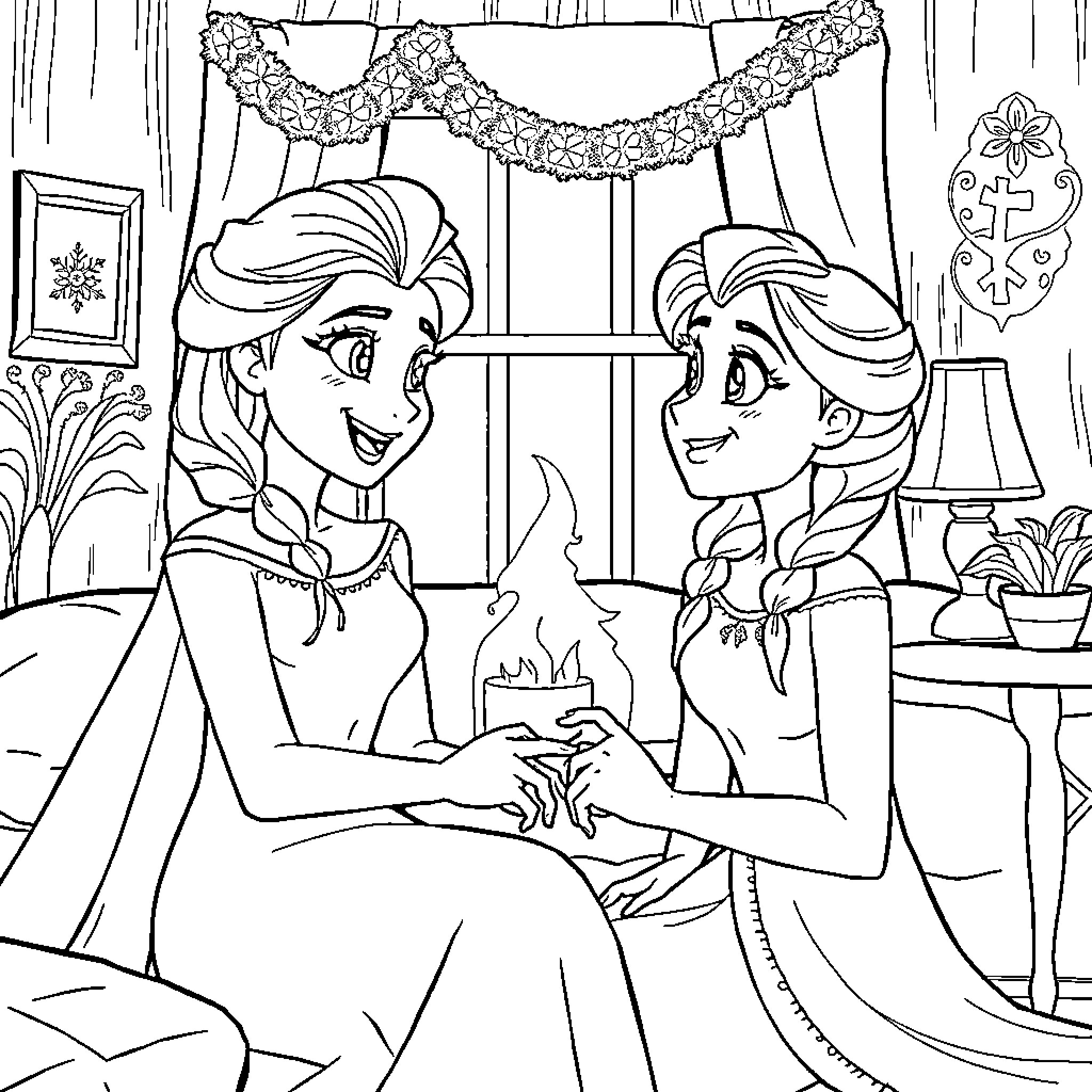 Gabby's Festive Winter Evening with Friends Coloring Page (free black-and-white line drawing printable PDF for all, from beginners to advanced learners, including children, teens, adults, and seniors)