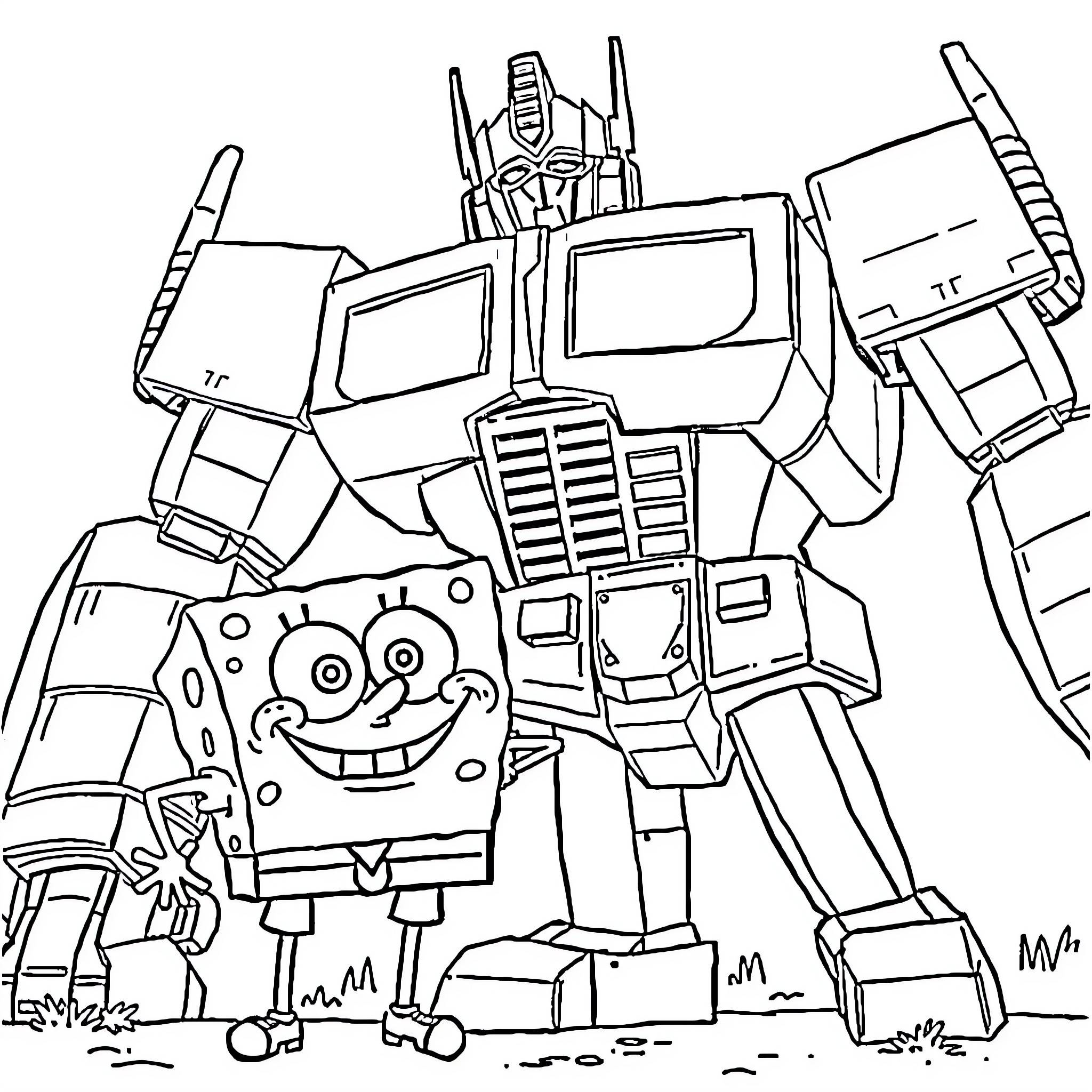 Spongebob as a Transformers-style robot Coloring Page (free black-and-white line drawing printable PDF for all, from beginners to advanced learners, including children, teens, adults, and seniors)