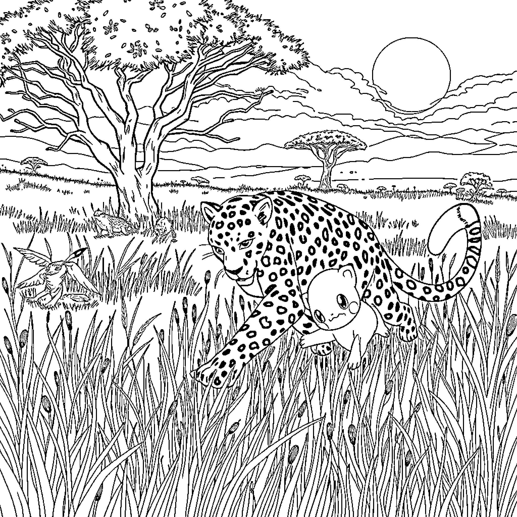 Leopard stalking through the African savanna Coloring Page (free black-and-white line drawing printable PDF for all, from beginners to advanced learners, including children, teens, adults, and seniors)
