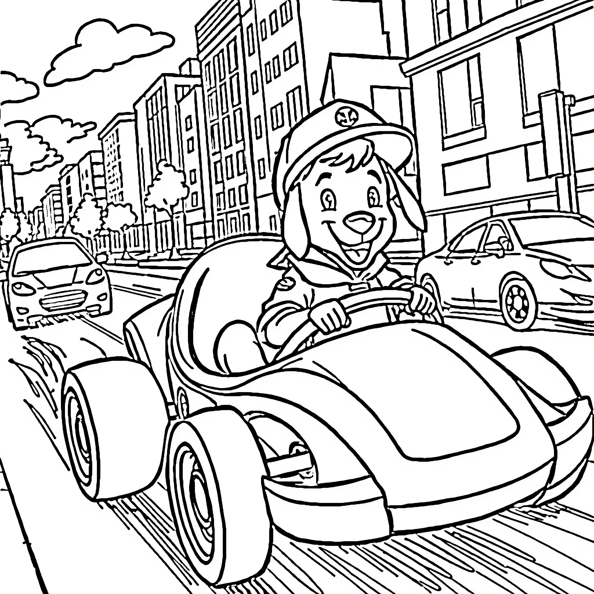 Cub Scout driving race car in city streets Coloring Page (free black-and-white line drawing printable PDF for all, from beginners to advanced learners, including children, teens, adults, and seniors)