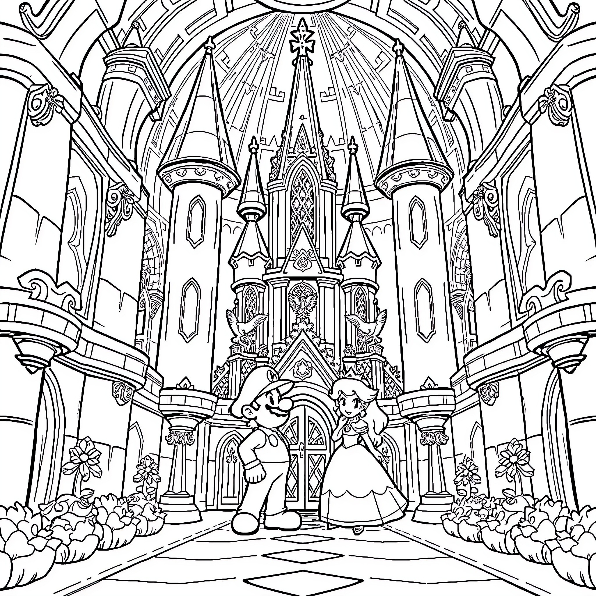 Mario and Princess in Ornate Castle Setting Coloring Page (free black-and-white line drawing printable PDF for all, from beginners to advanced learners, including children, teens, adults, and seniors)