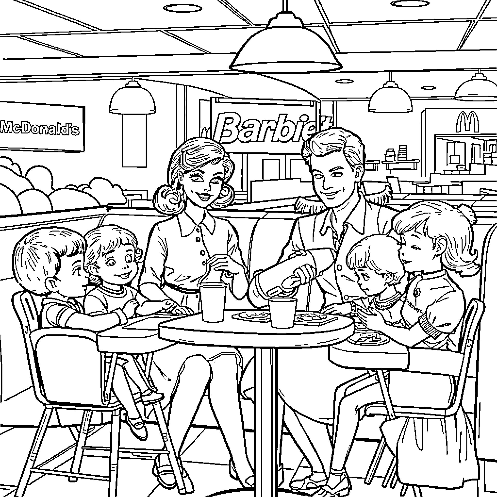 Barbie Family Enjoying a Meal at the Restaurant Coloring Page (free black-and-white line drawing printable PDF for all, from beginners to advanced learners, including children, teens, adults, and seniors)